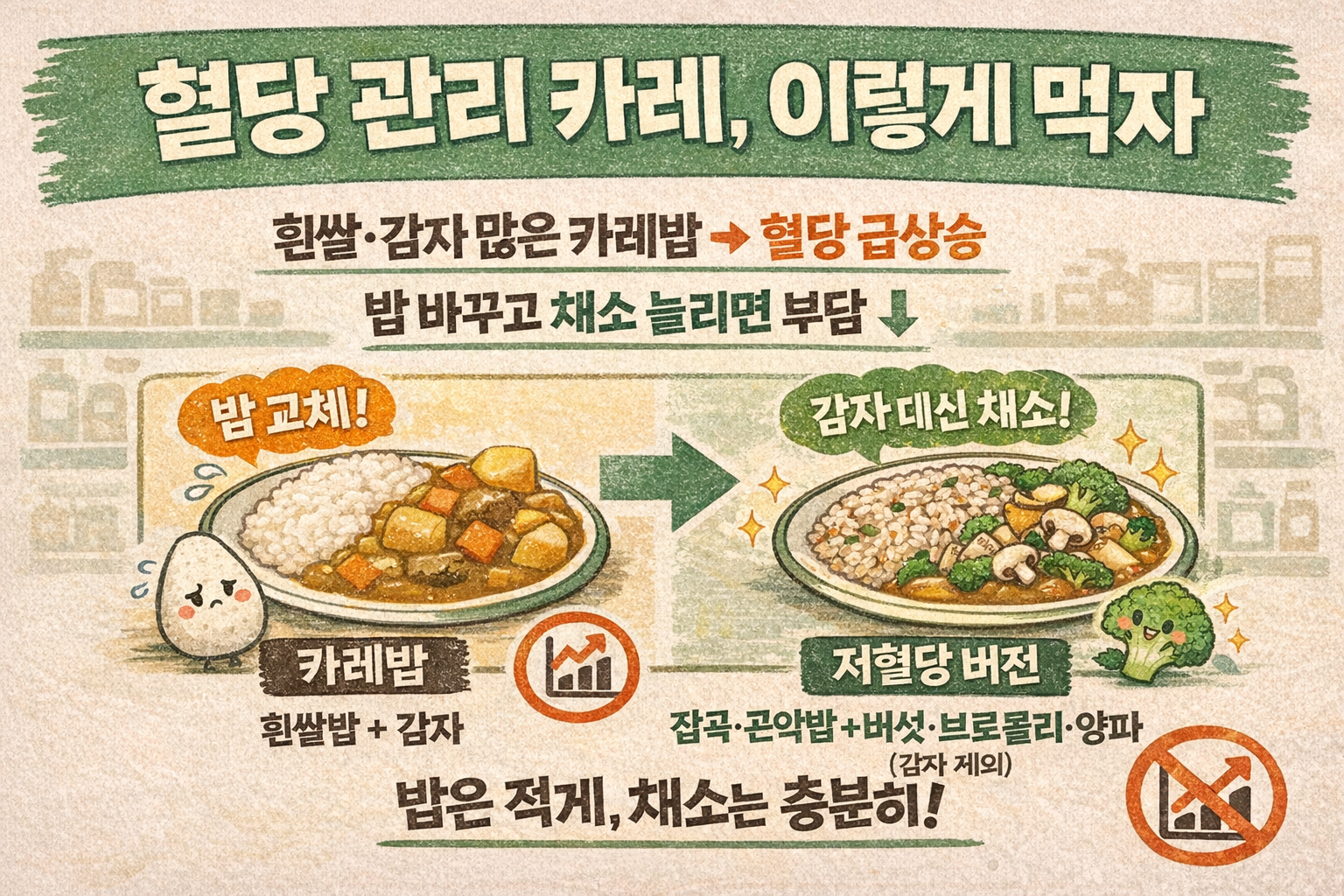 혈당 관리 중 카레 먹는 법: 흰쌀밥·감자 대신 잡곡·곤약밥+채소로 바꾸기