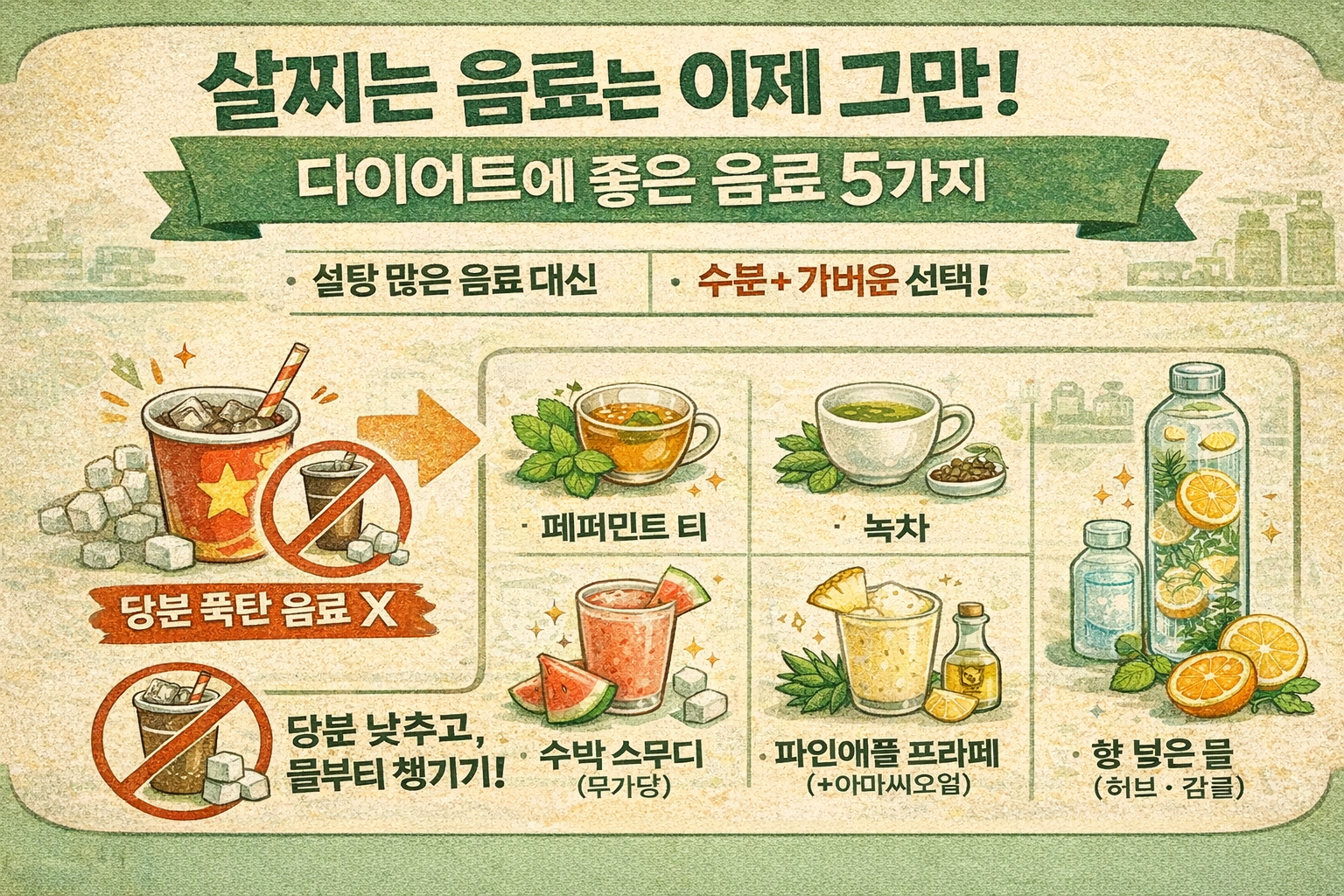 살찌는 음료는 그만! 다이어트에 좋은 음료 5가지(녹차·페퍼민트 티·수박 스무디)