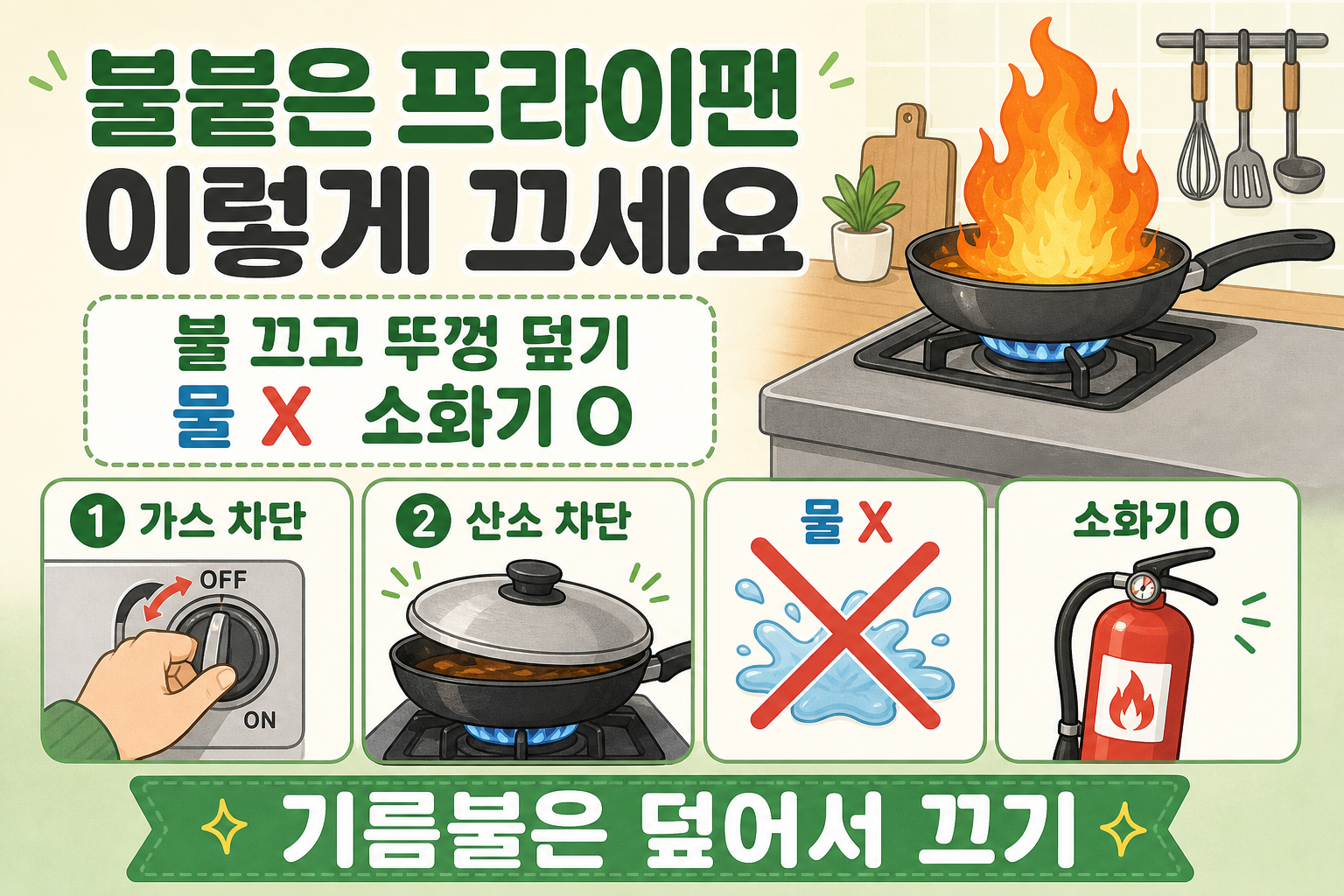불붙은 프라이팬에 마요네즈 넣지 마세요, 뚜껑 덮고 불 끄는 안전 대처법