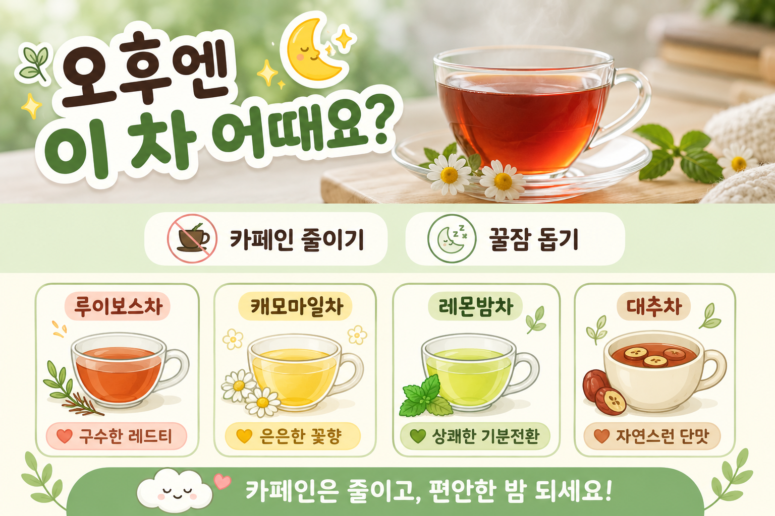오후 커피 대신 이것 마시면 밤잠 편해진다, 무카페인 차 4가지