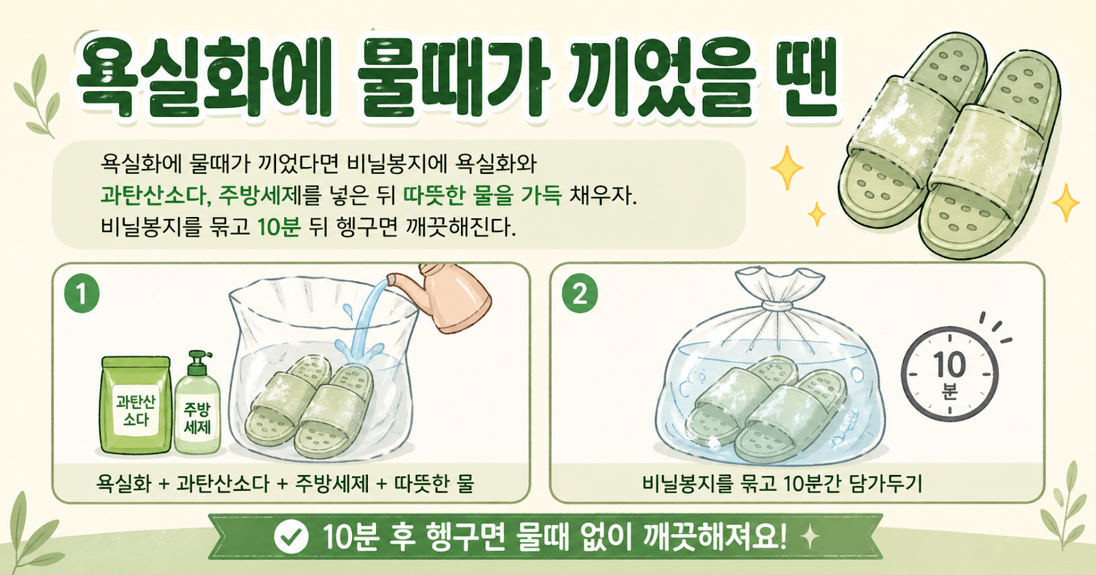 욕실화 물때 제거, 비닐봉지에 10분만 담그면 새것처럼 깨끗해집니다