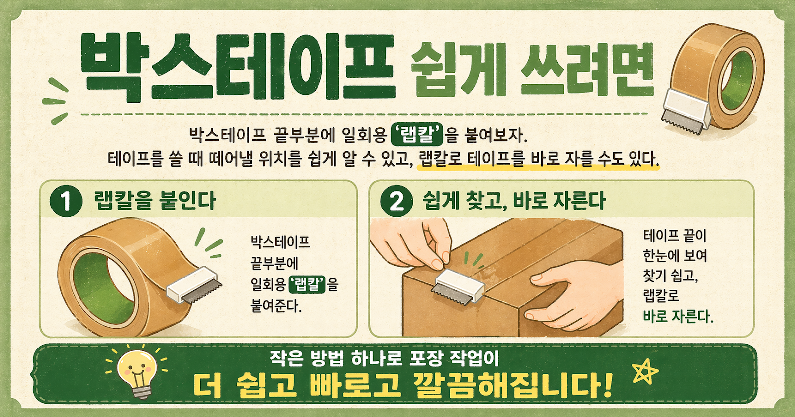 박스테이프 끝 못 찾겠다면? 랩칼 붙여 1초 만에 떼고 자르는 꿀팁