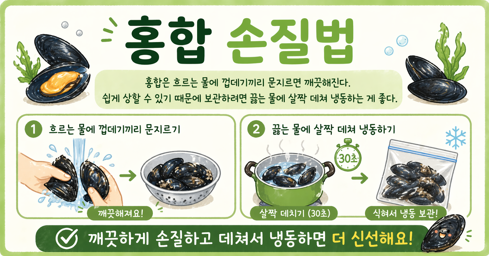 홍합 손질법, 껍데기끼리 문지르면 끝! 오래 보관은 살짝 데쳐 냉동