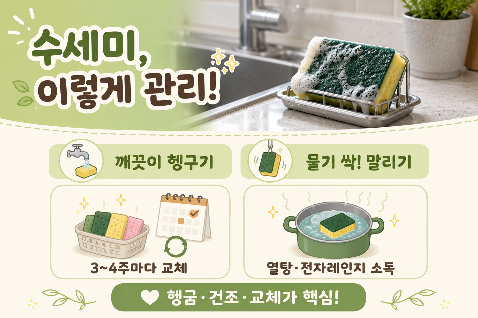 설거지 후 수세미 거품 그대로 두면 세균 폭증? 여름철 수세미 관리법