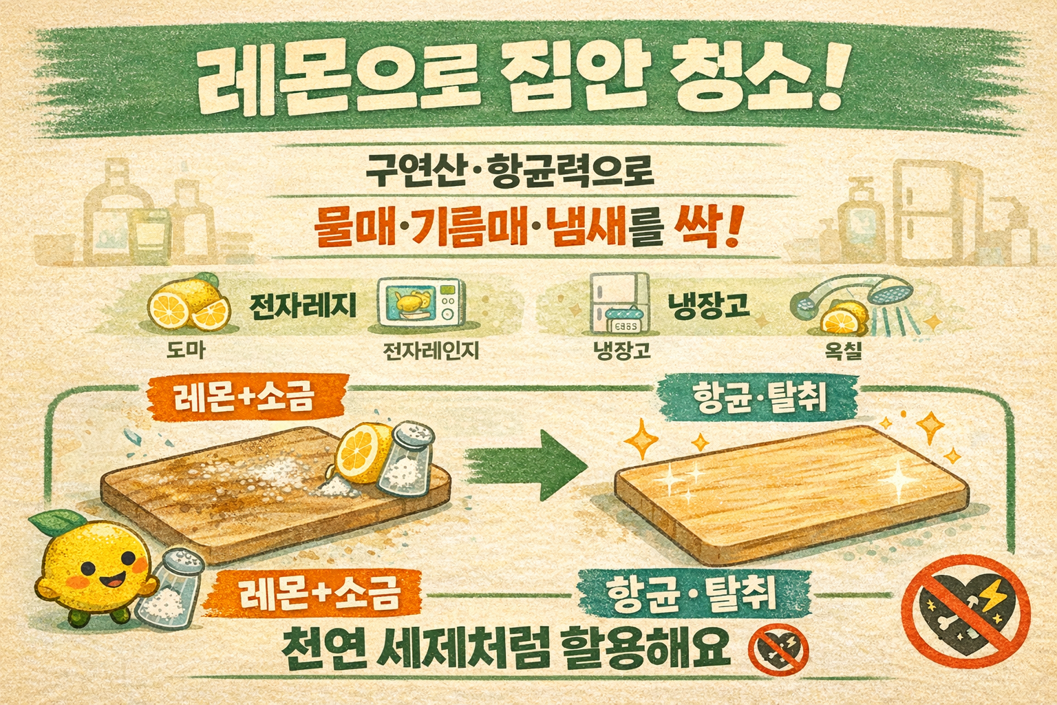 레몬 하나면 집안 청소 끝! 도마·전자레인지·냉장고 탈취·물때 제거까지 ‘천연세제 6가지’