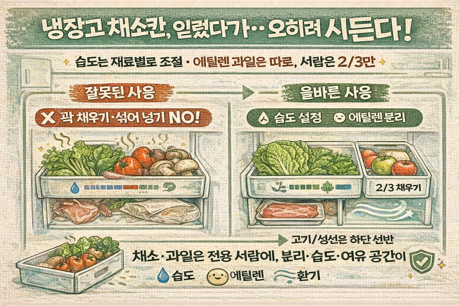 냉장고 ‘채소칸’이 되레 빨리 상하게 한다? 습도·에틸렌·과밀보관 4가지 실수