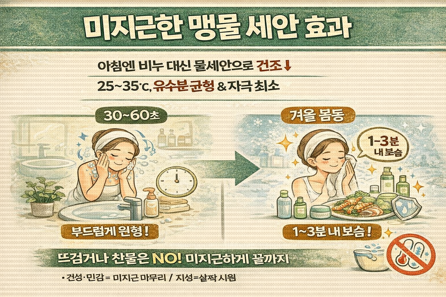 아침 미지근한 맹물 세안 효과: 건성·민감성 장벽 지키는 25~35도 세안법과 보습 타이밍