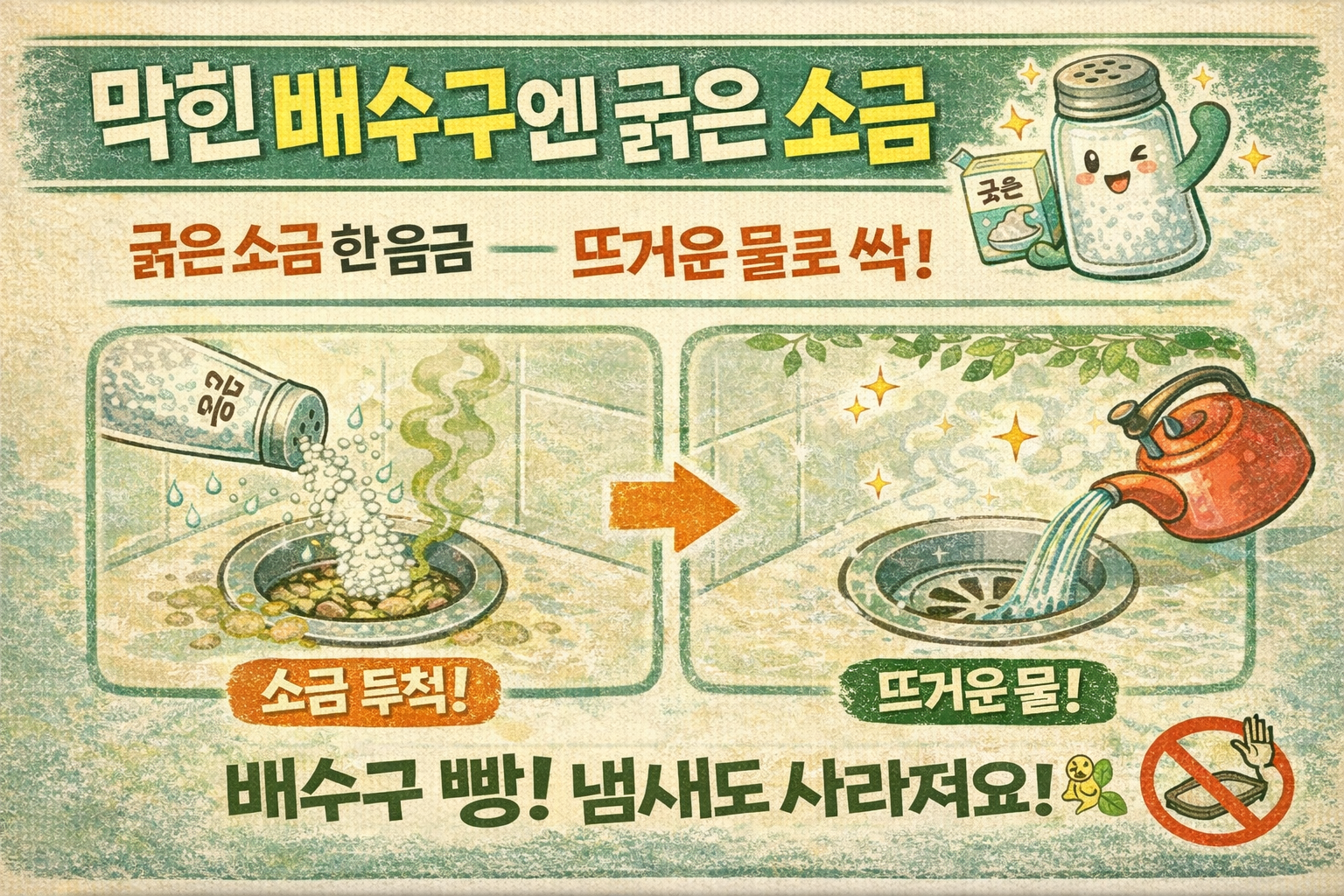 막힌 배수구 뚫는 법: 굵은 소금+뜨거운 물로 찌꺼기·기름때·냄새까지 잡는 꿀팁