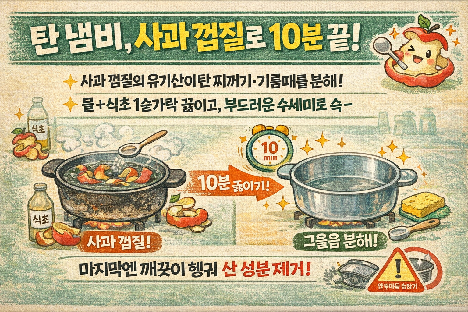 탄 냄비 청소, 사과 껍질+식초로 10분 끝! 그을음 쉽게 지우는 방법(스테인리스 효과)