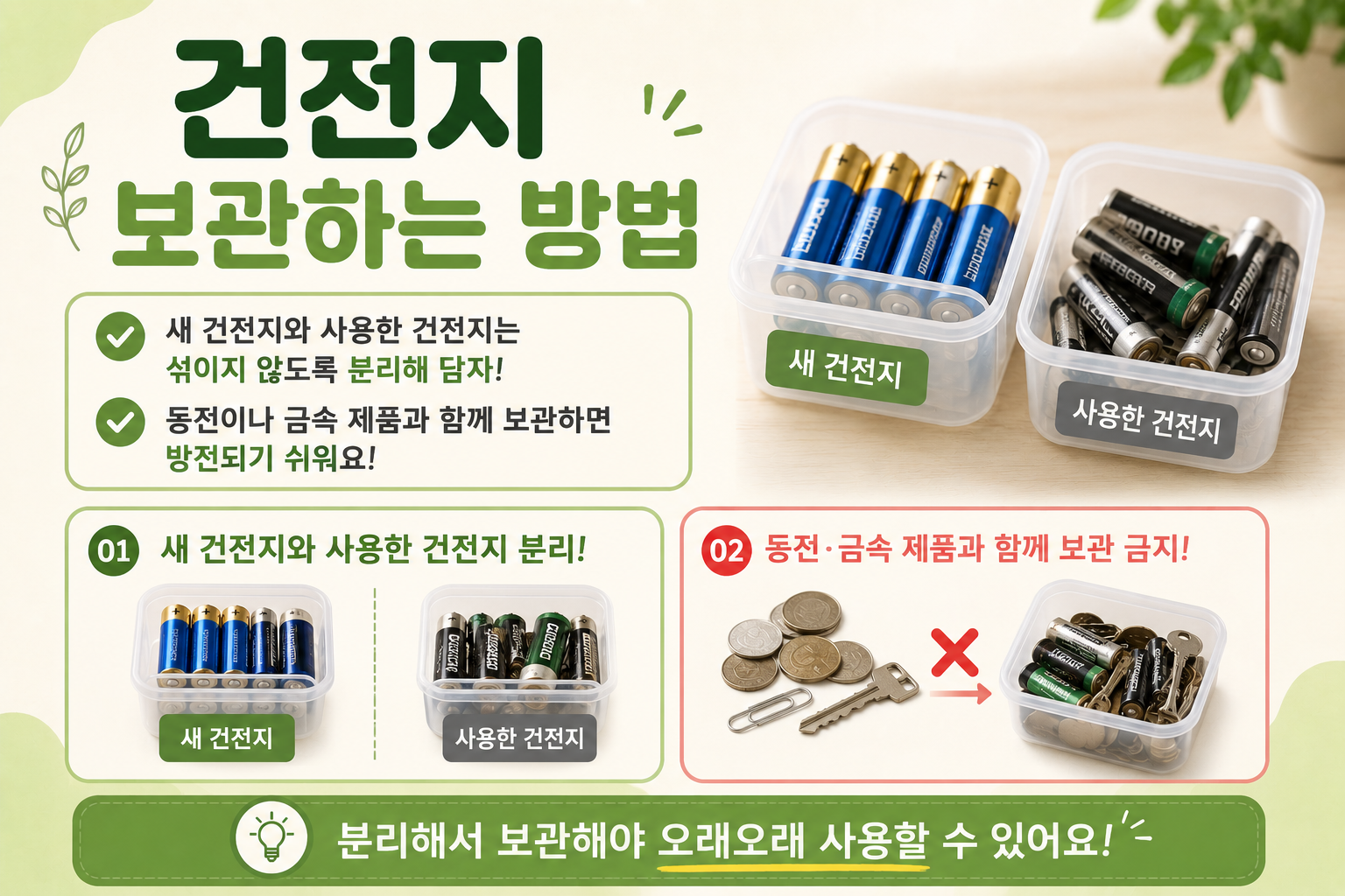 건전지 보관법, 새것과 사용한 건전지는 분리하고 동전과 함께 두지 마세요