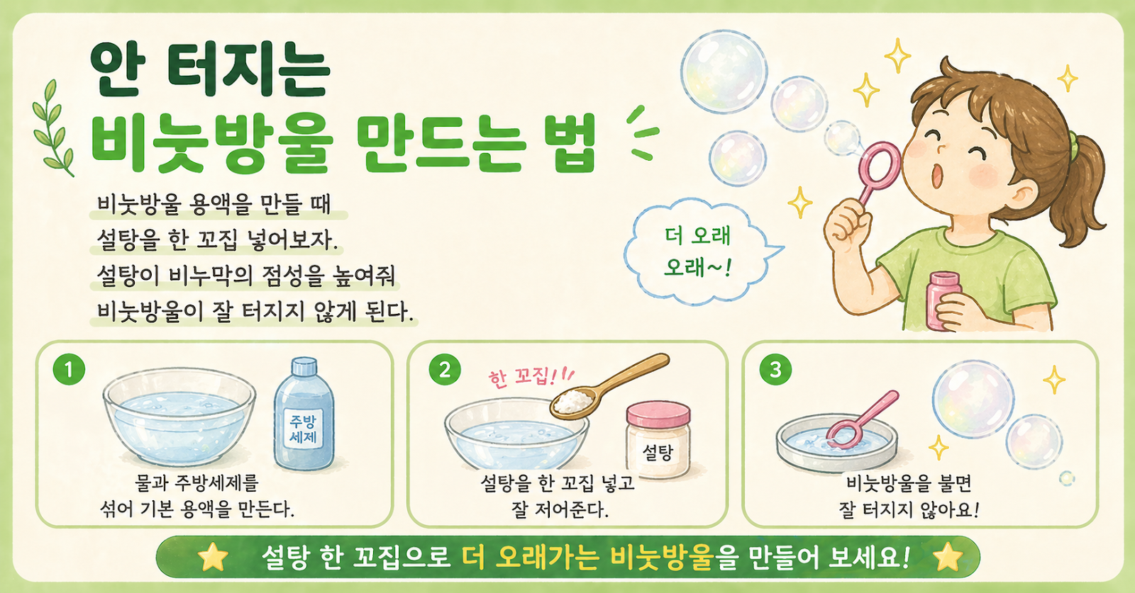 안 터지는 비눗방울 만드는 법, 설탕 한 꼬집이 오래가는 비밀