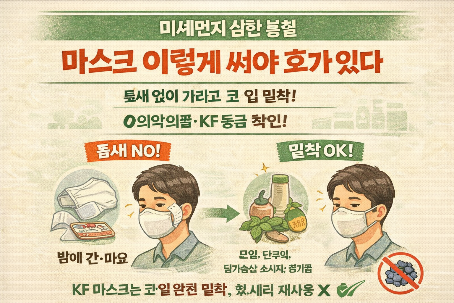 미세먼지 심한 날 KF마스크 ‘이렇게’ 써야 효과: 코·입 완전 밀착, 틈·휴지·세탁 재사용 금지