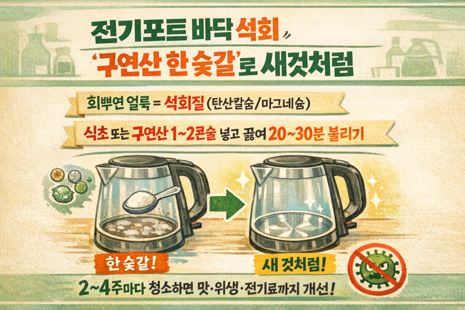 전기포트 바닥 하얀 석회질, ‘구연산 한 스푼’으로 30분 새것처럼(식초도 OK)