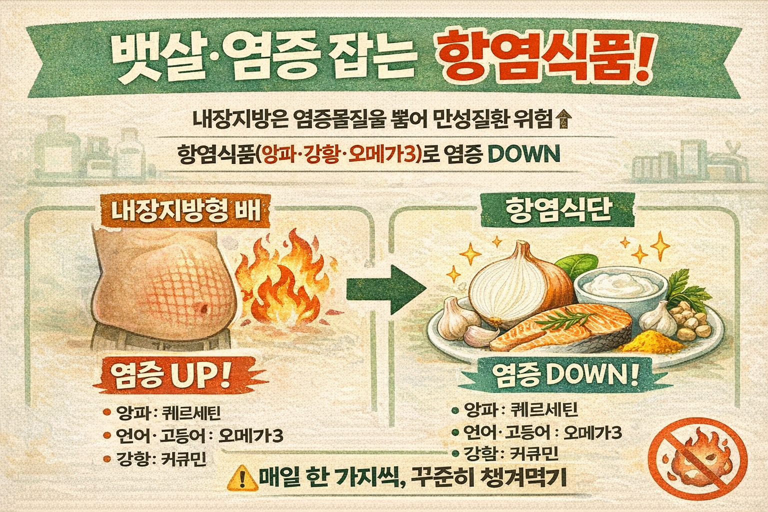 뱃살(내장지방) 많은 사람은 ‘항염 음식’ 챙겨라: 강황·오메가3·양파·마늘로 염증 낮추는 법