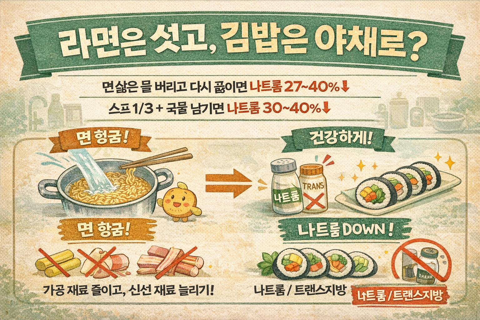 라면 면 씻어먹기·스프 줄이기 효과는? 김밥은 야채만 넣으면 건강해질까