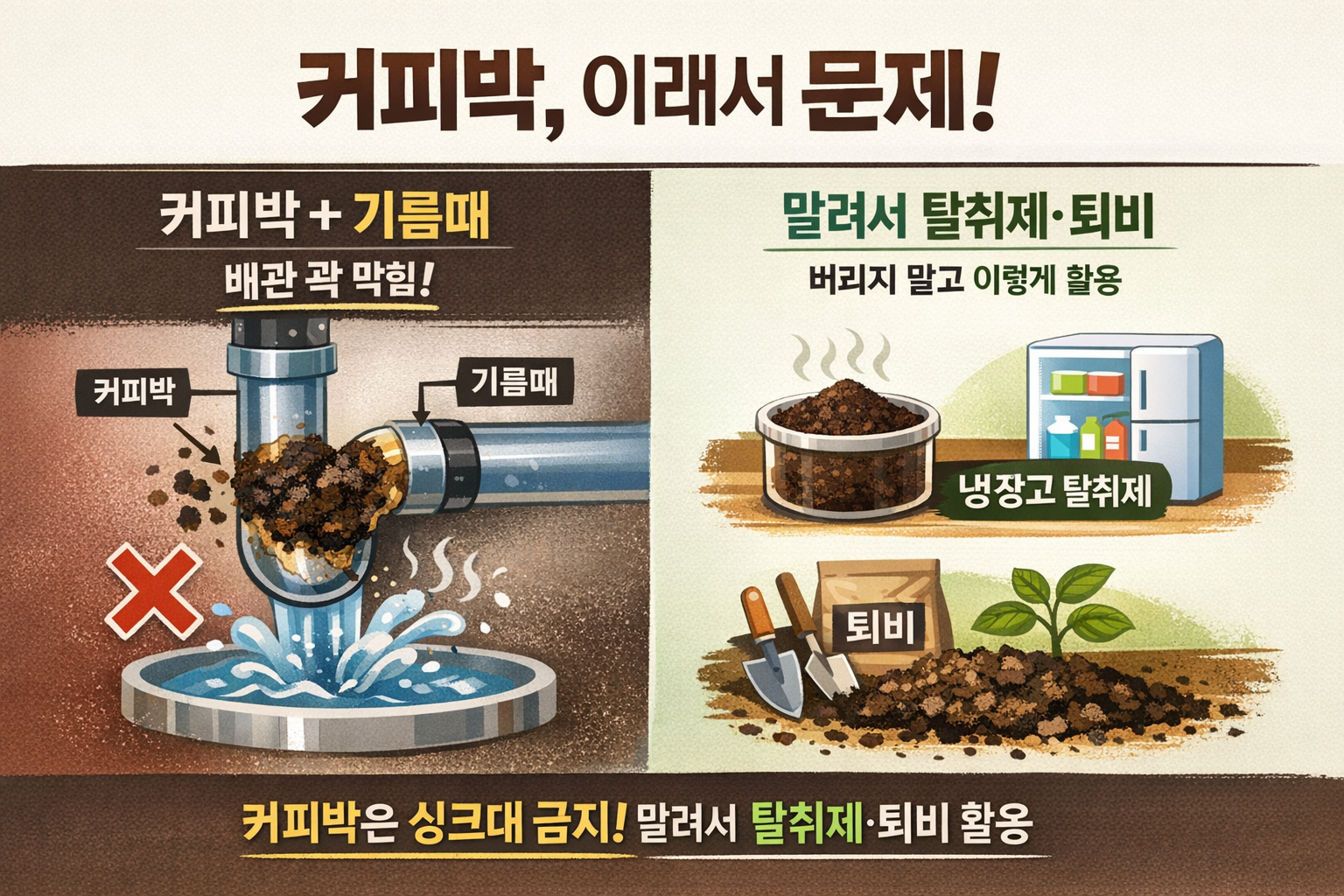 커피찌꺼기 싱크대에 버리면 큰일납니다…배수구 막히는 이유와 커피박 버리는 법