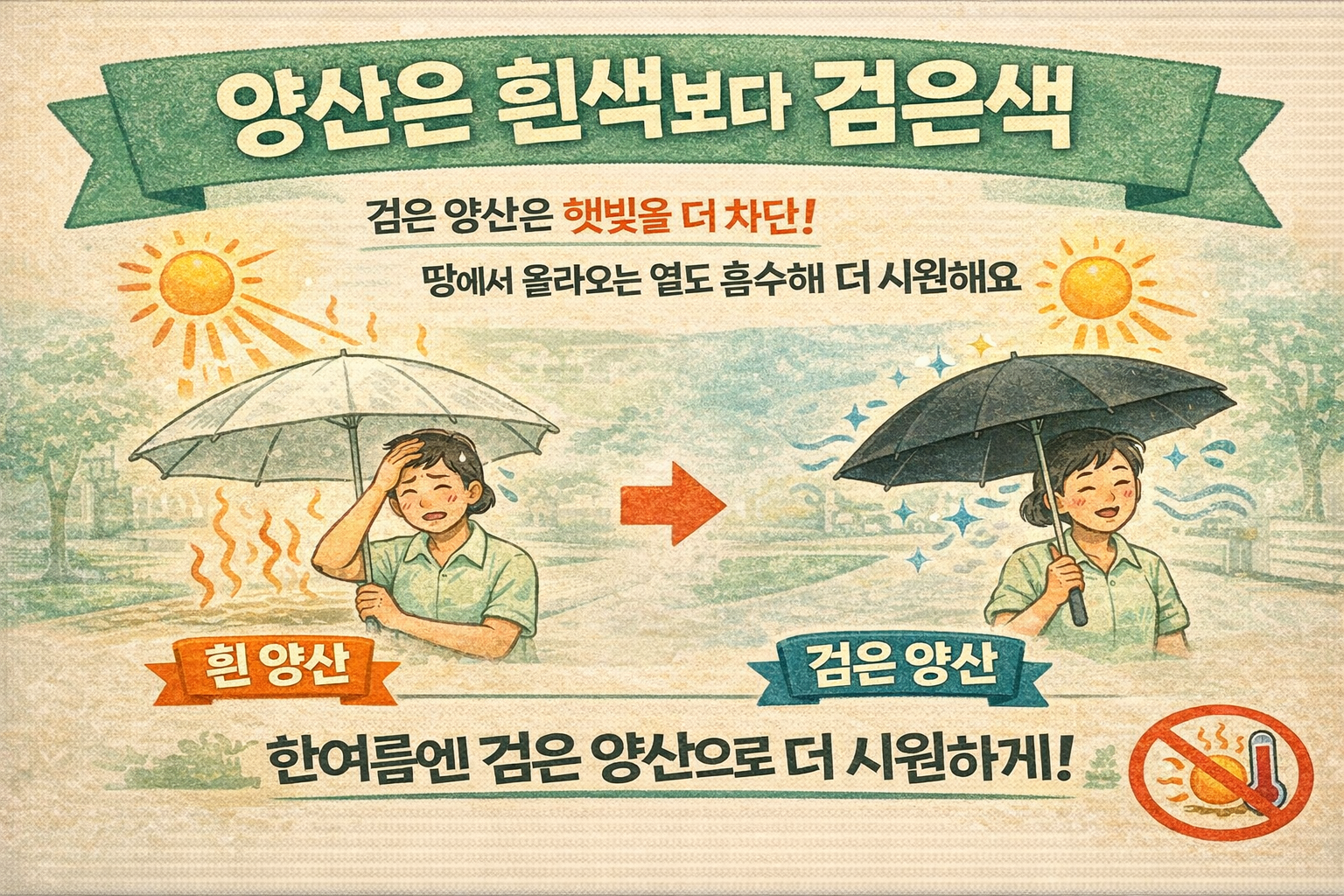 양산 색깔 추천: 흰색보다 검은색 양산이 더 시원한 이유(햇빛+지면열 차단 팁)