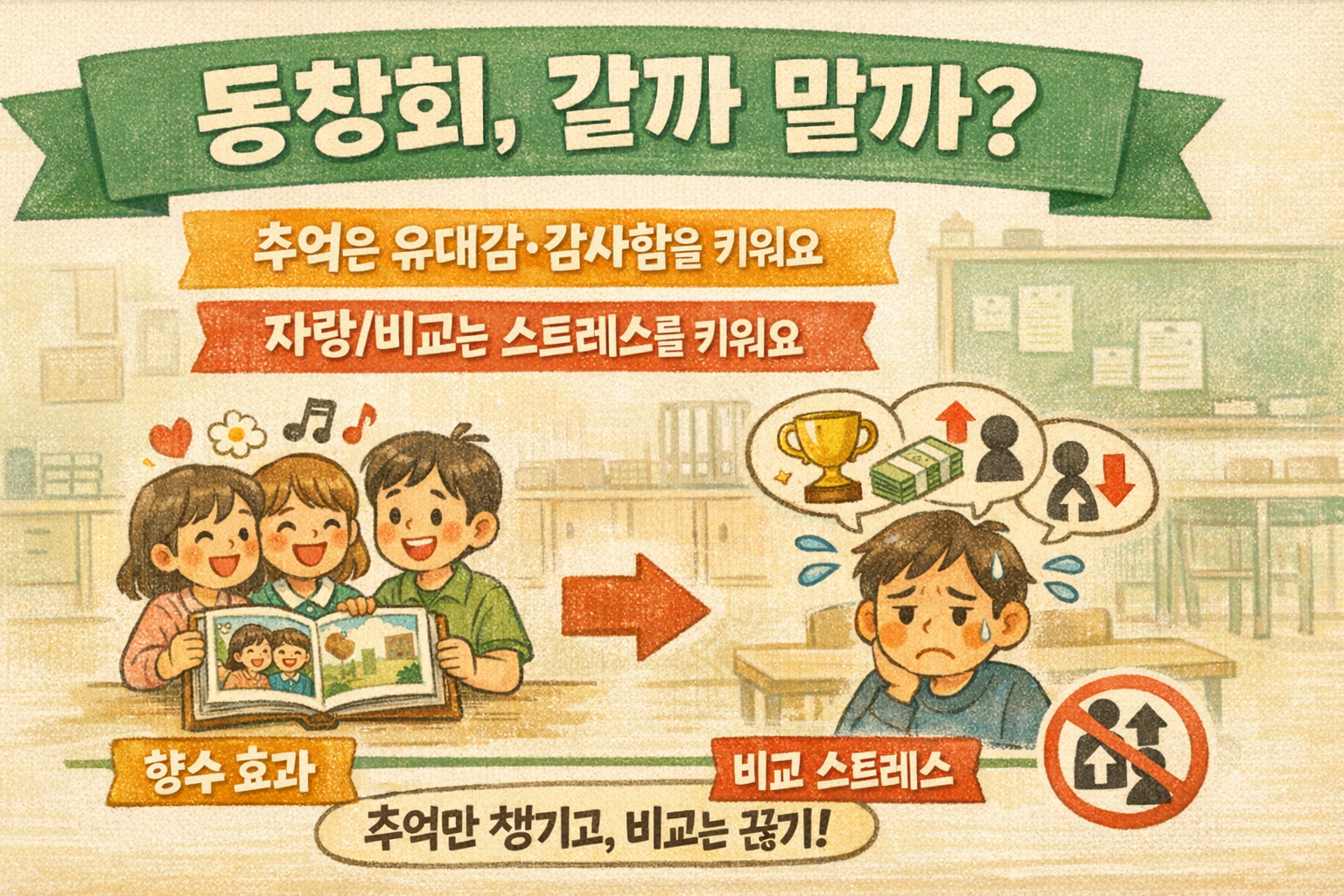 동창회 스트레스 줄이는 법: 갈까 말까? 향수는 약, 자랑·비교는 독