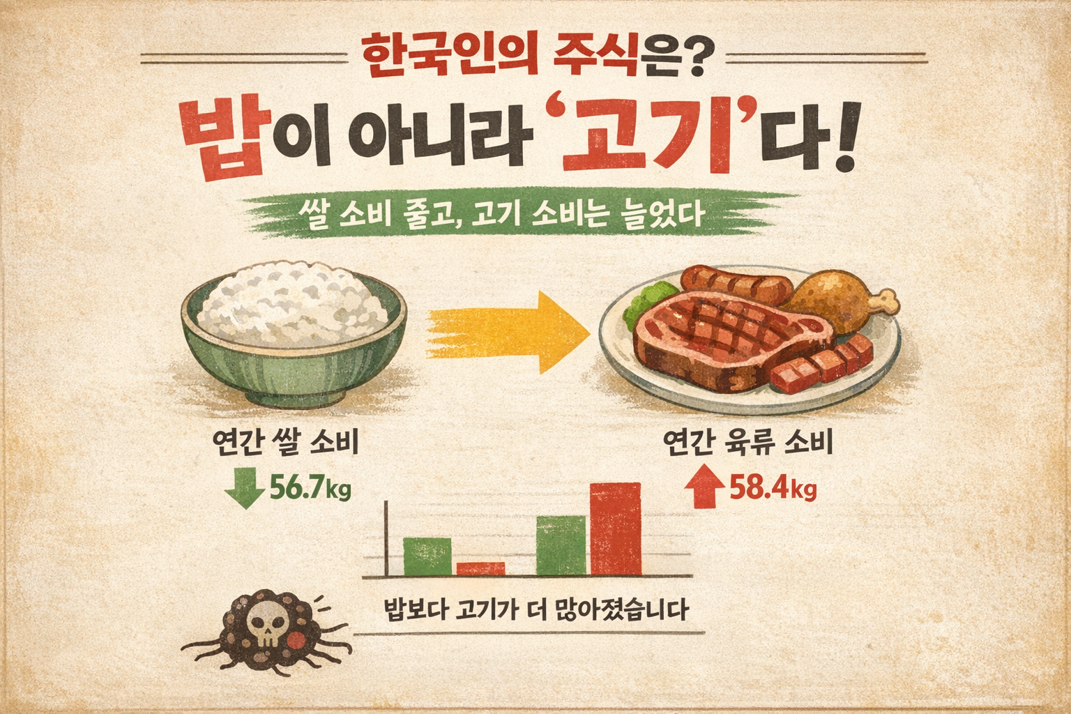 한국인의 주식은 이제 밥이 아니다? 쌀보다 고기 더 먹는 현실, 암 위험 커지는 이유