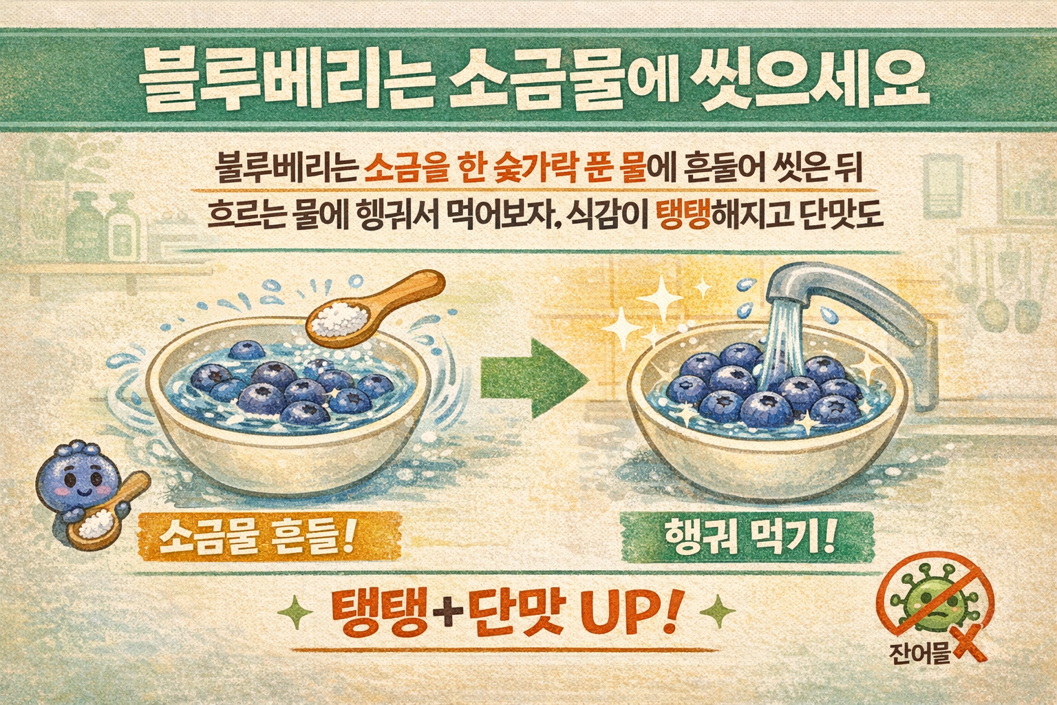 블루베리 더 달고 탱탱하게: 소금물 세척 꿀팁(한 숟가락)