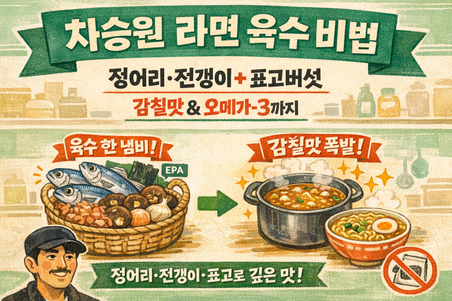 차승원 라면 육수 비법: 정어리·전갱이·표고로 감칠맛 폭발