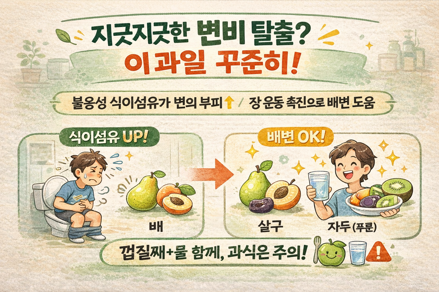 변비에 좋은 과일 5가지: 사과·배·푸룬·키위, 껍질째 먹는 법과 하루 권장량