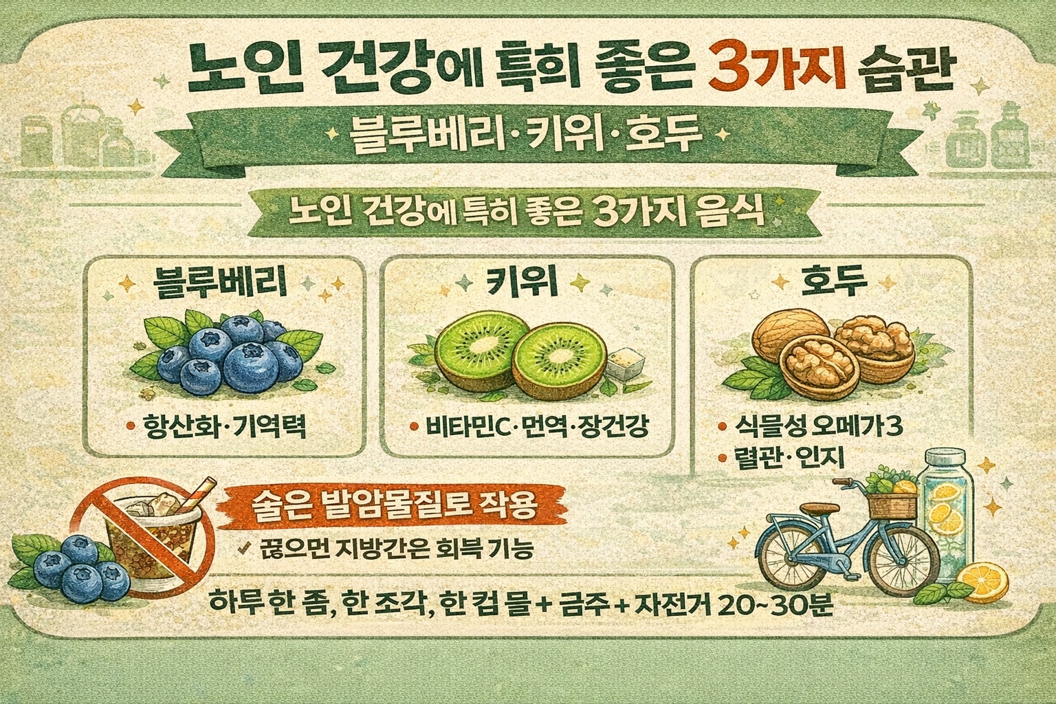 노인 건강에 특히 좋은 3가지(블루베리·키위·호두) + 금주 효과 + 자전거 운동 장점