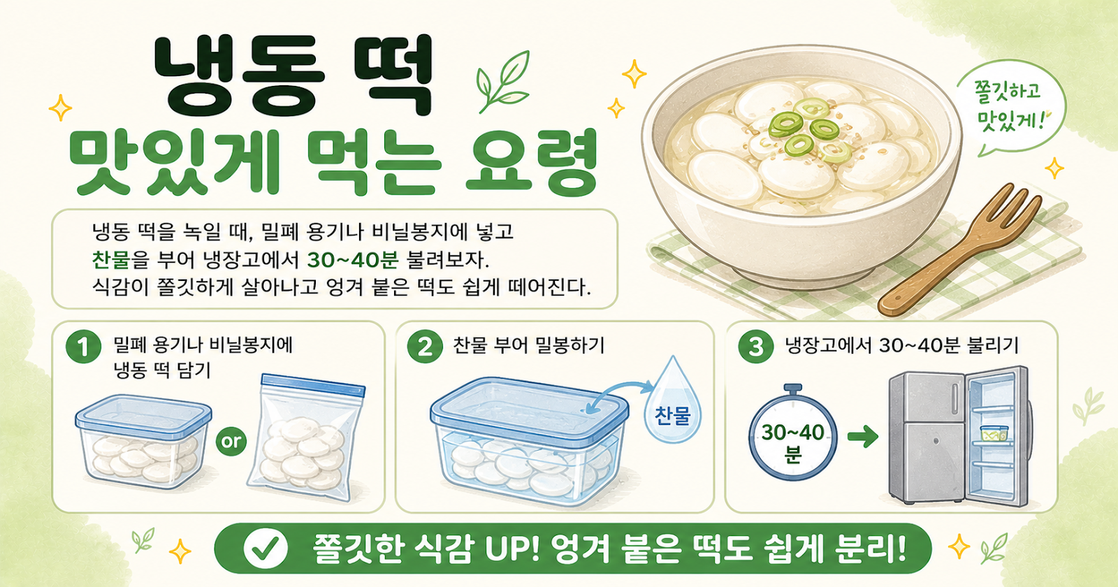 냉동 떡 맛있게 먹는 요령, 찬물에 30~40분! 쫄깃함 살리는 초간단 해동법