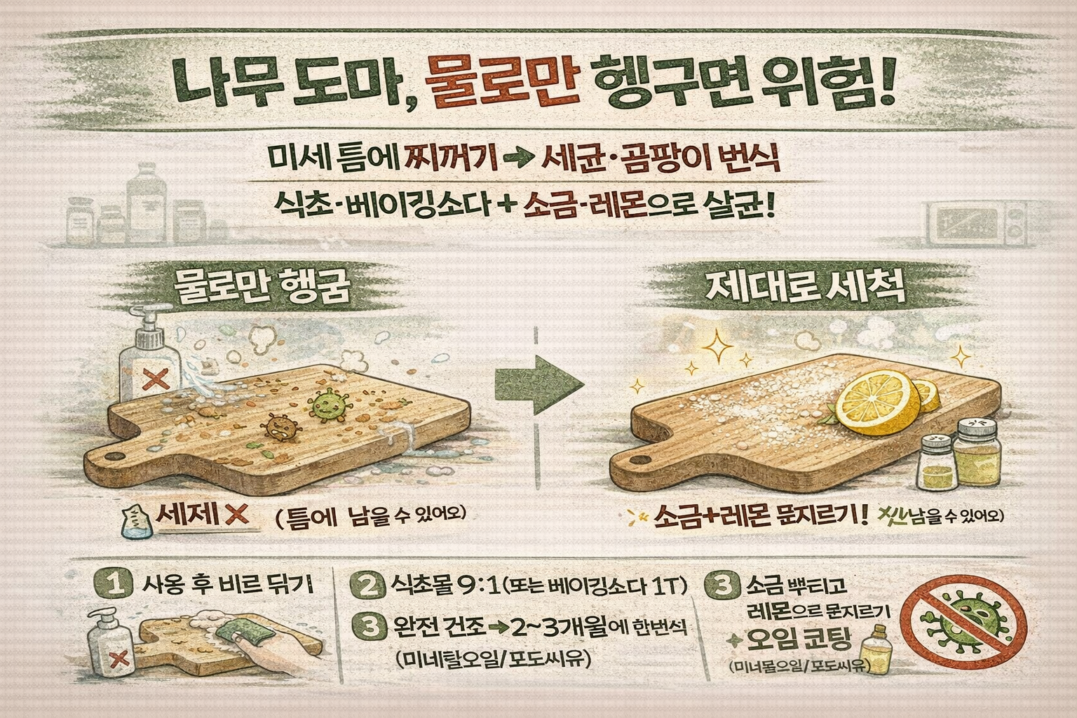 나무 도마 물로만 헹기면 위험…식초(9:1)·베이킹소다 세척 + 소금·레몬 살균·탈취, 오일 코팅 관리법