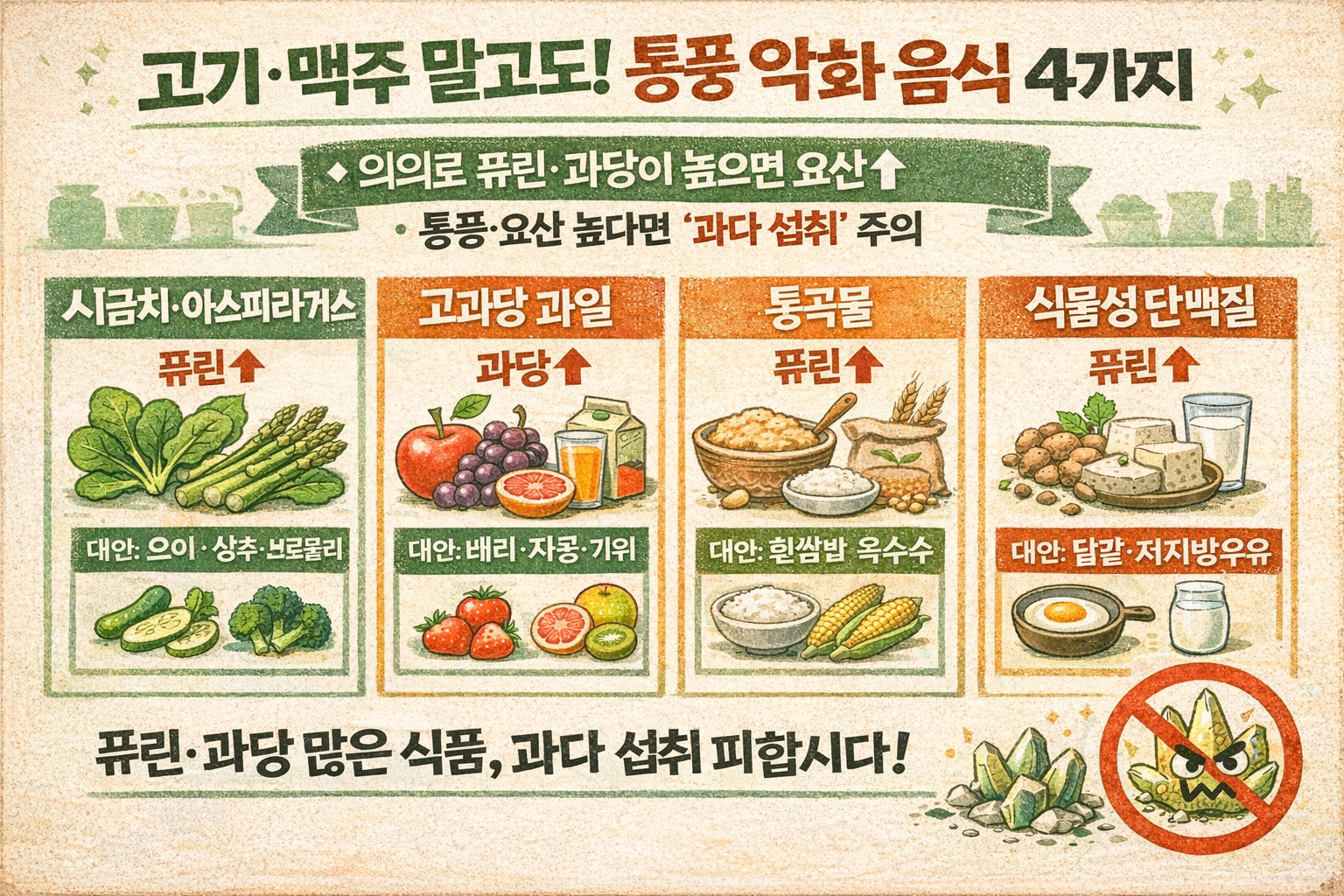 고기·맥주만 피하면 끝? 통풍 악화 ‘의외의 음식’ 4가지(시금치·과당과일·통곡물·렌틸콩)
