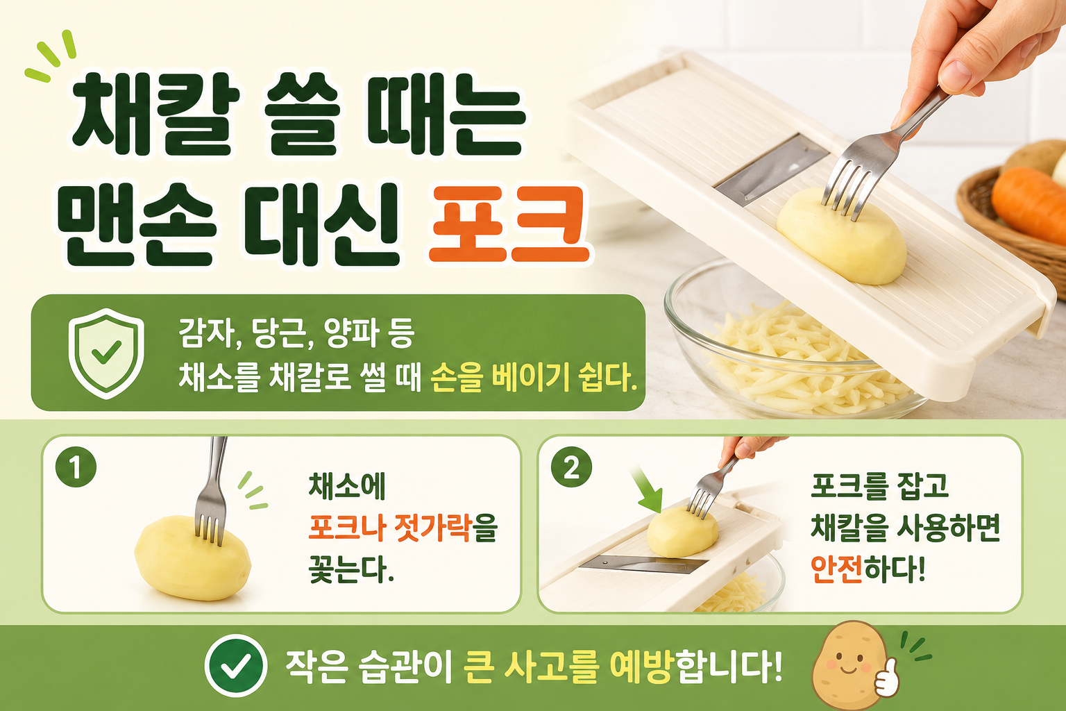 채칼 쓸 때 맨손으로 잡지 마세요, 포크 하나면 손 베임 줄입니다