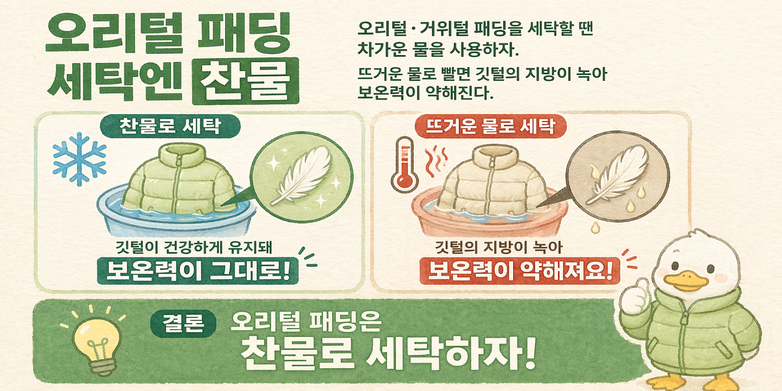 오리털·거위털 패딩 세탁, 찬물로 해야 하는 진짜 이유… 뜨거운 물은 보온력 깎는다