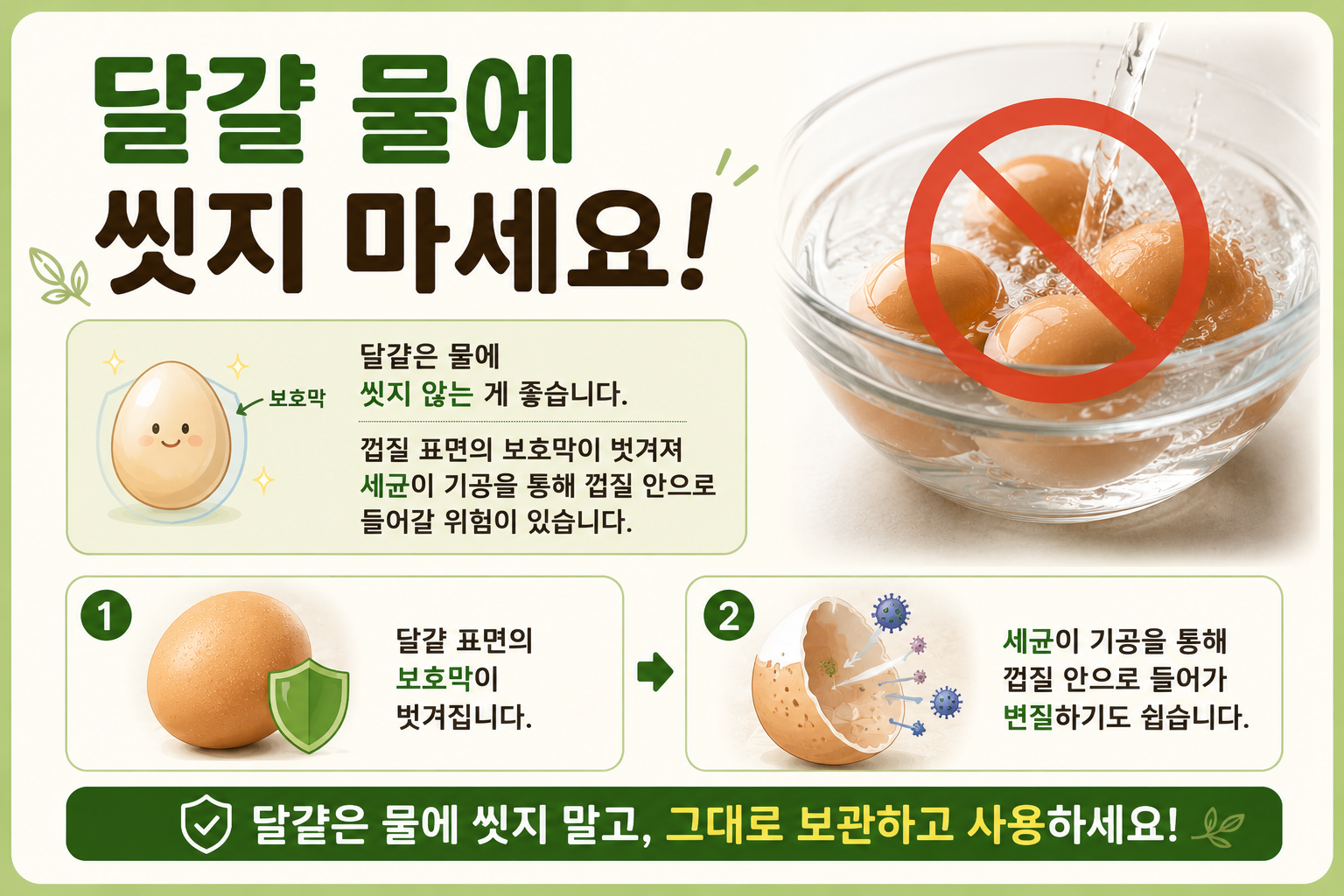달걀 물에 씻지 마세요! 세균이 껍질 안으로 들어갈 수 있습니다