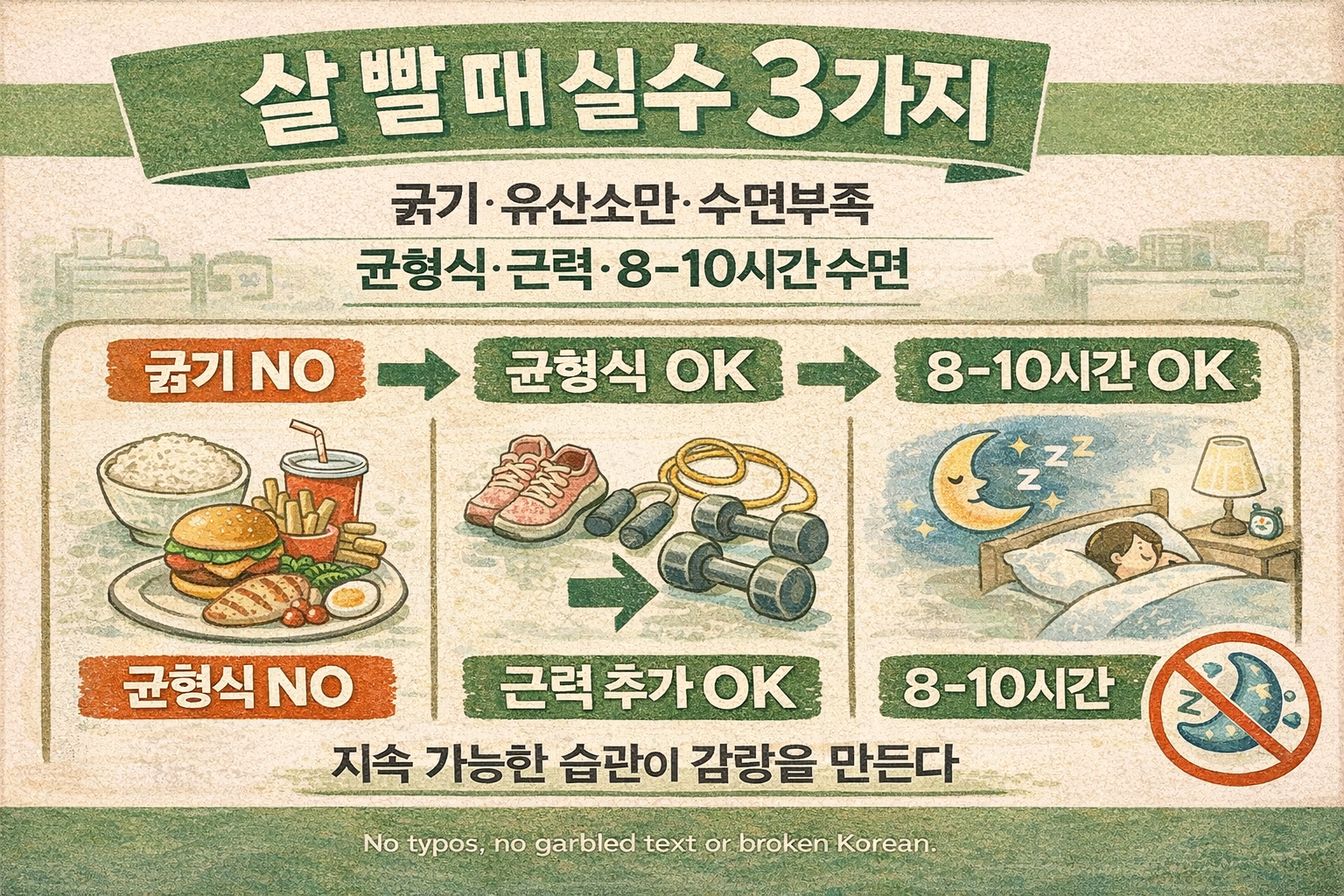 살 뺄 때 가장 많이 하는 실수 3가지: 밥 끊기·유산소만·수면 부족이 감량을 망친다