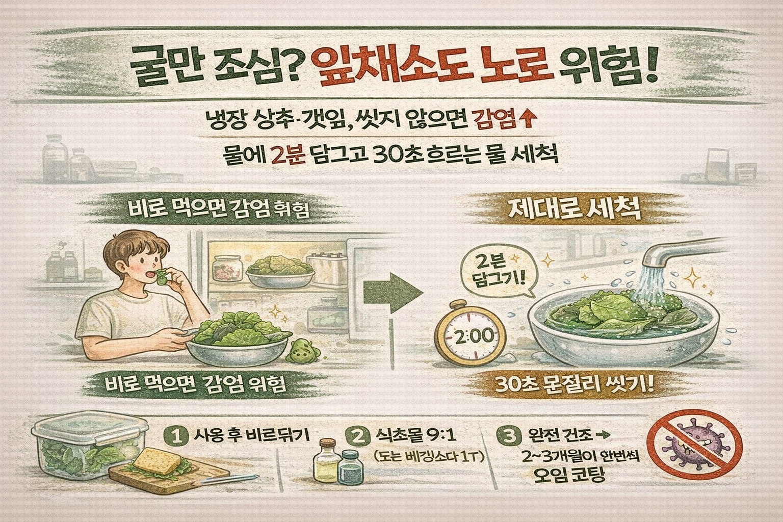 굴만 주의하면 끝? 냉장 상추·깻잎도 노로바이러스 위험…‘2분 담금+30초 세척’이 핵심