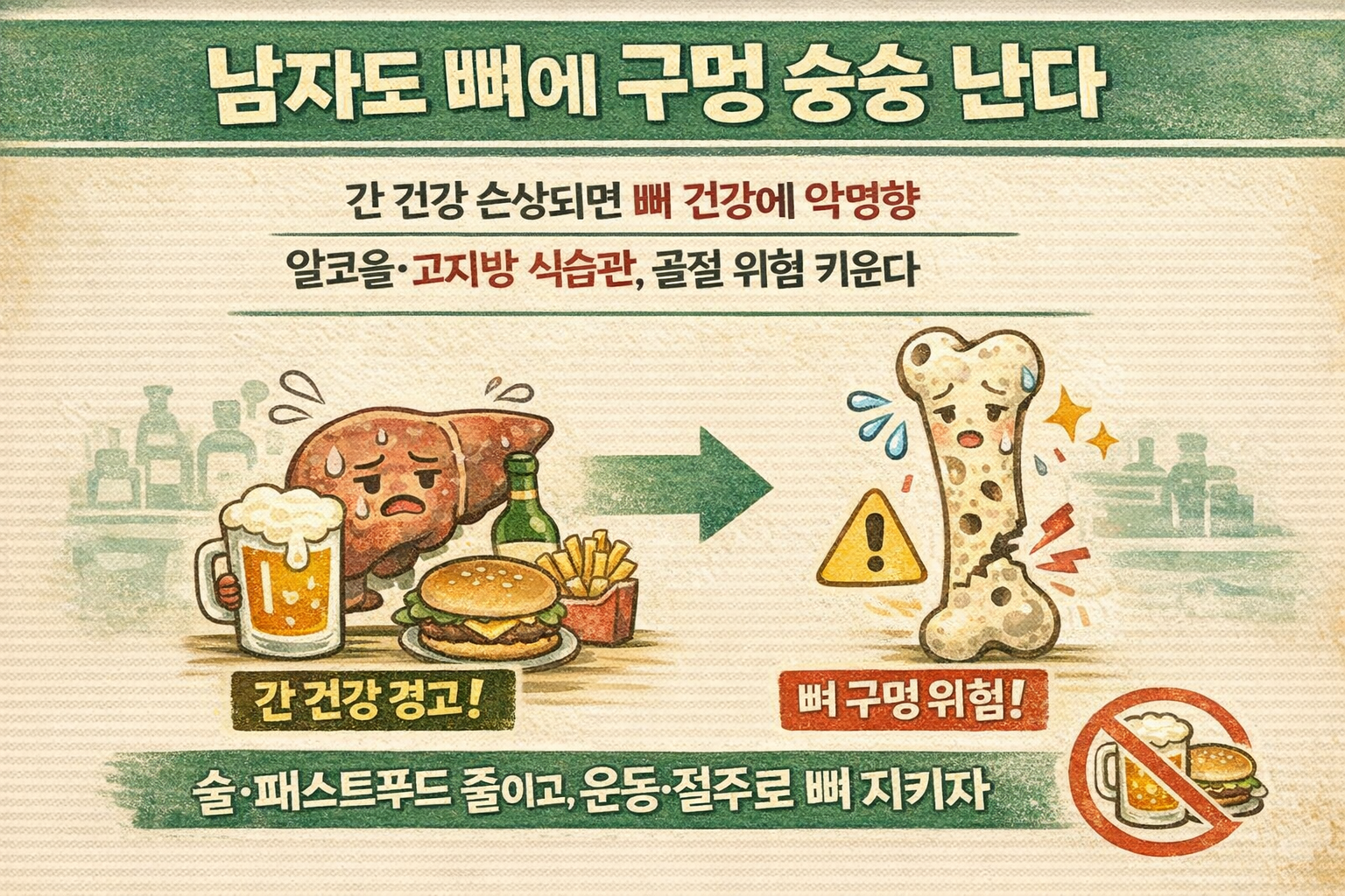 남자도 골다공증 온다: 술·패스트푸드가 간 망치면 ‘피브로넥틴’ 줄어 뼈 구멍 숭숭