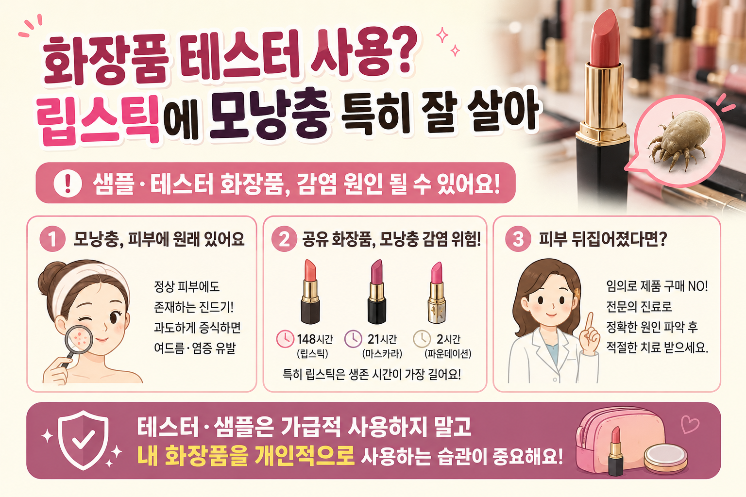화장품 테스터 립스틱 괜찮을까? 모낭충 감염 위험 주의