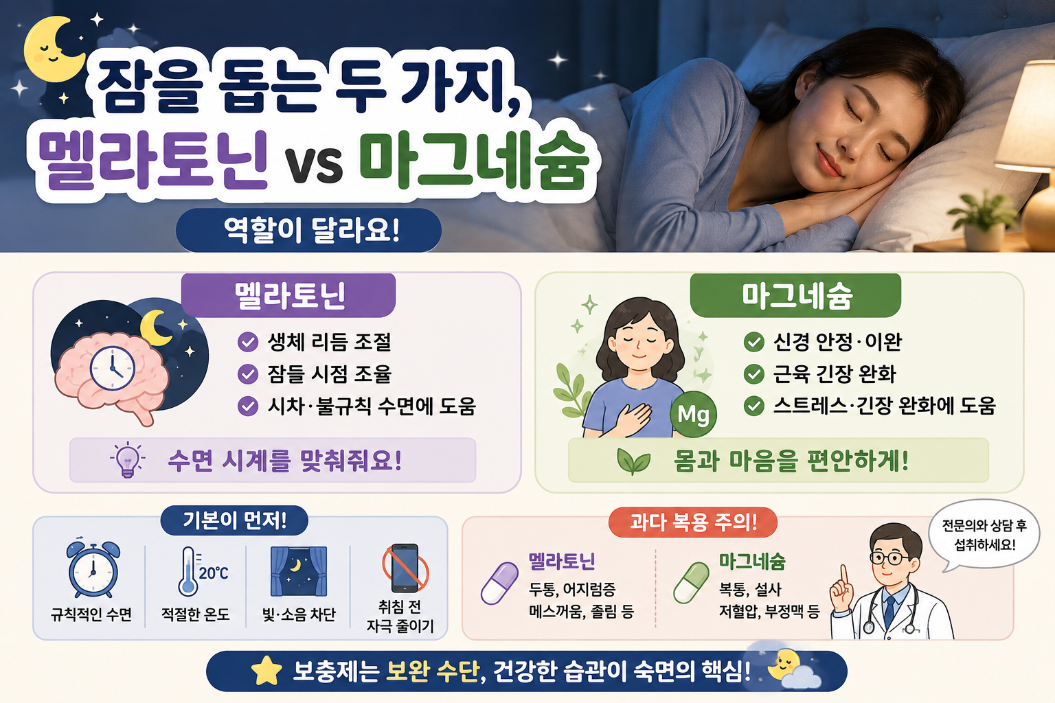 멜라토닌 vs 마그네슘, 잠 안 올 때 뭘 먹어야 할까? 효과·차이·부작용