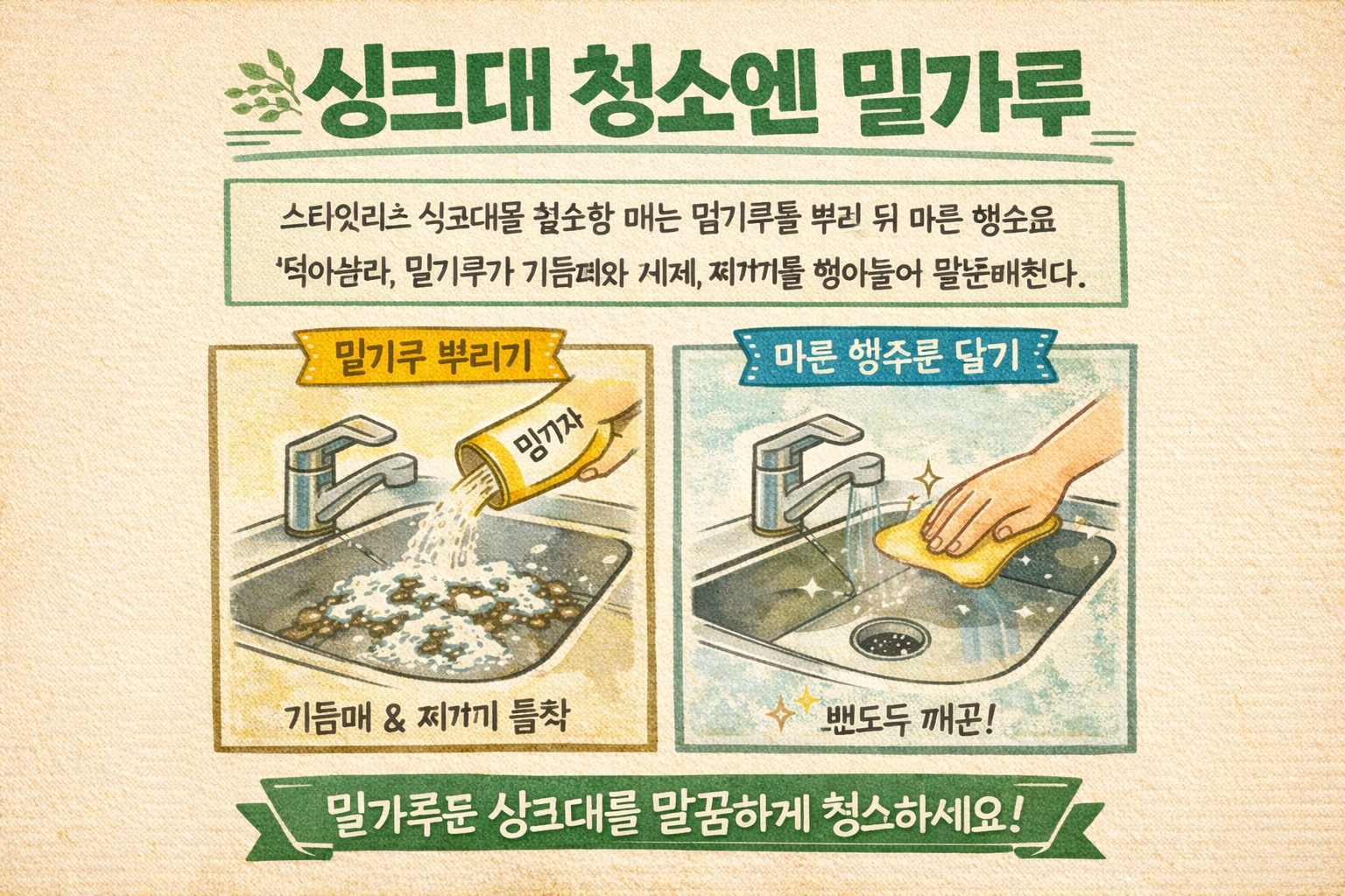 싱크대 청소엔 밀가루, 기름때와 세제 찌꺼기 한 번에 말끔