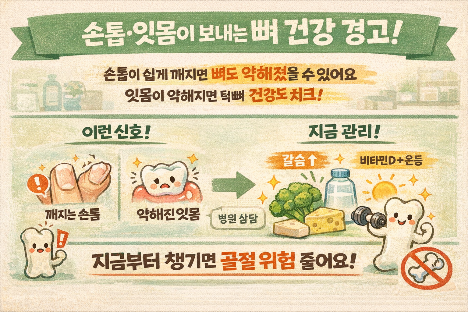 손톱 잘 깨지고 잇몸 약해졌다면 ‘뼈 건강’ 경고? 골다공증 신호 3가지와 젊을 때부터 지키는 칼슘·비타민D·운동법