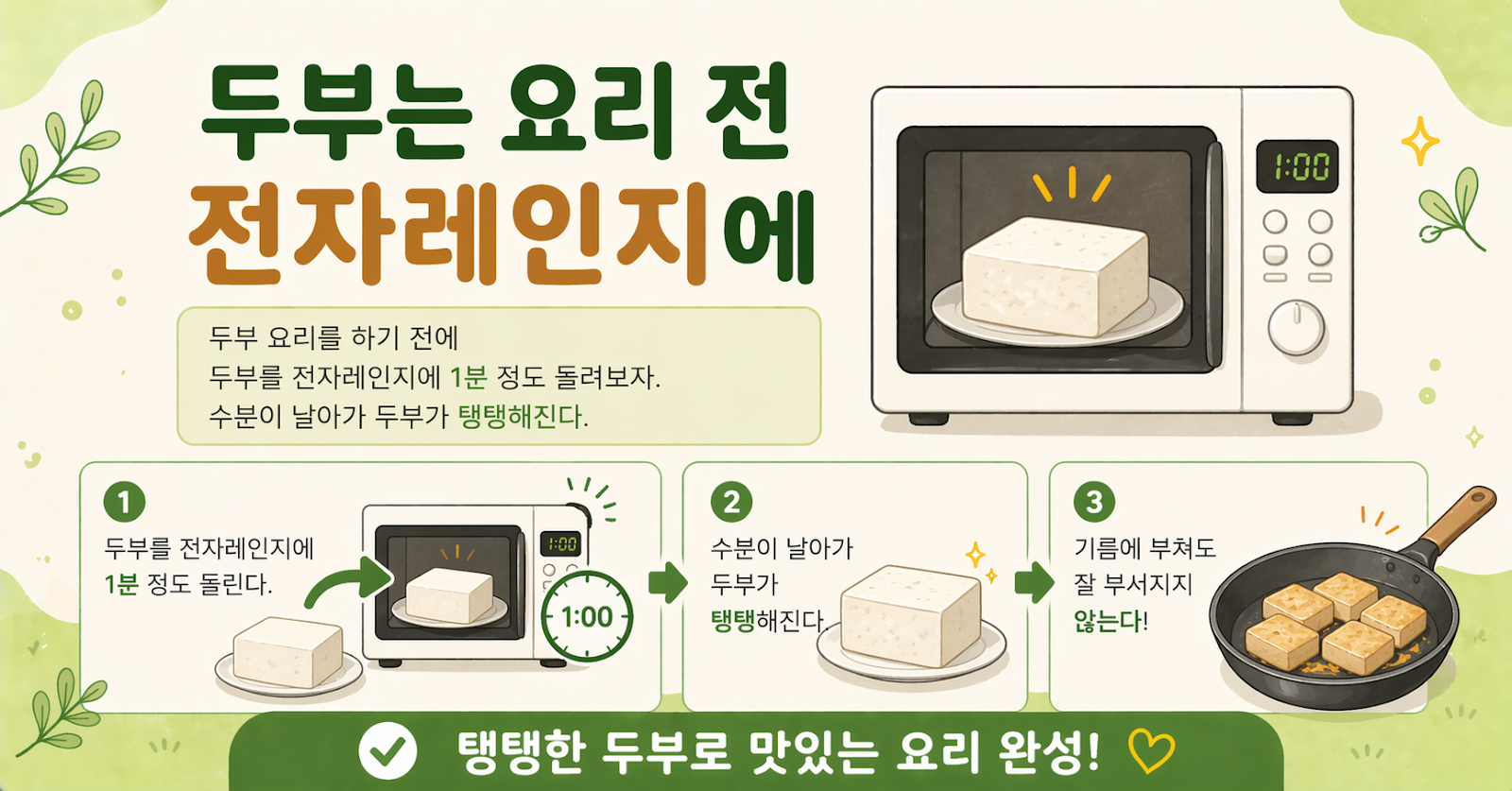 두부 그냥 바로 부치지 마세요! 전자레인지 1분이면 안 부서지고 탱탱해집니다