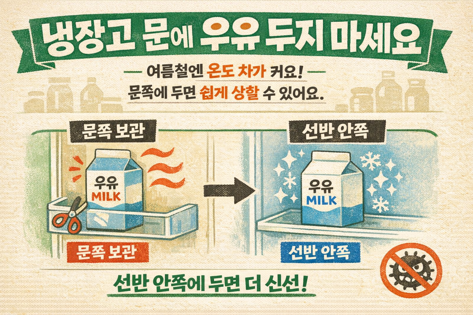 여름 냉장고 문칸에 우유 두면 빨리 상해요! 신선도 지키는 보관 위치(안쪽 선반) 팁