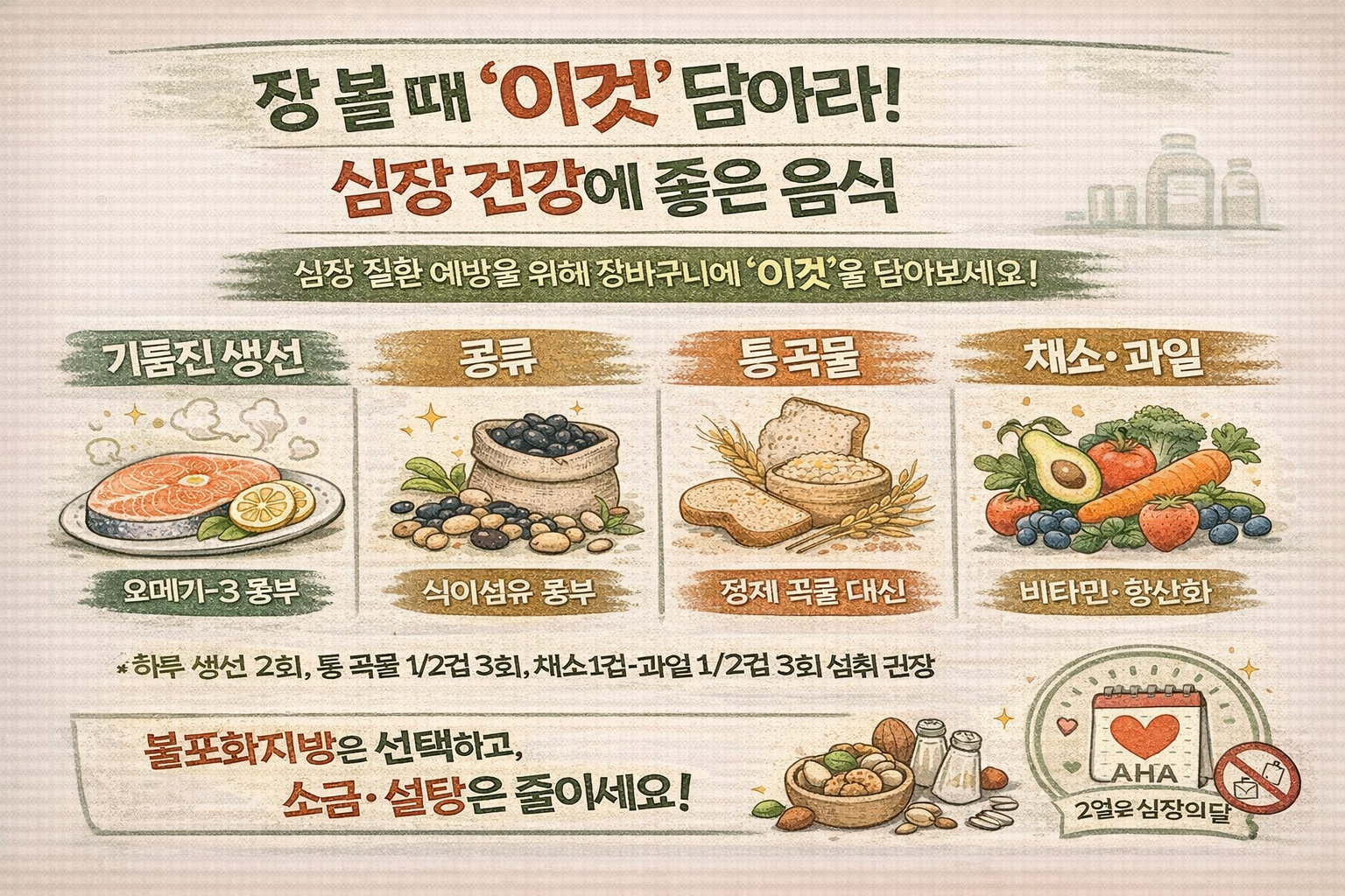 장 볼 때 꼭 담아라…심장 건강에 좋은 5가지(기름진 생선·콩·통곡물·채소·견과)
