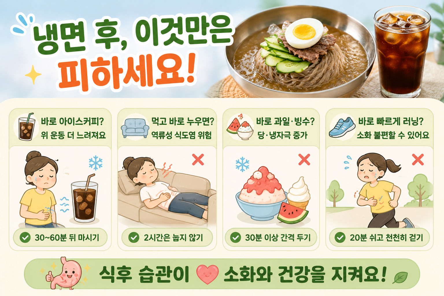 냉면 먹고 바로 아이스커피? 속쓰림 부르는 식후 습관 4가지