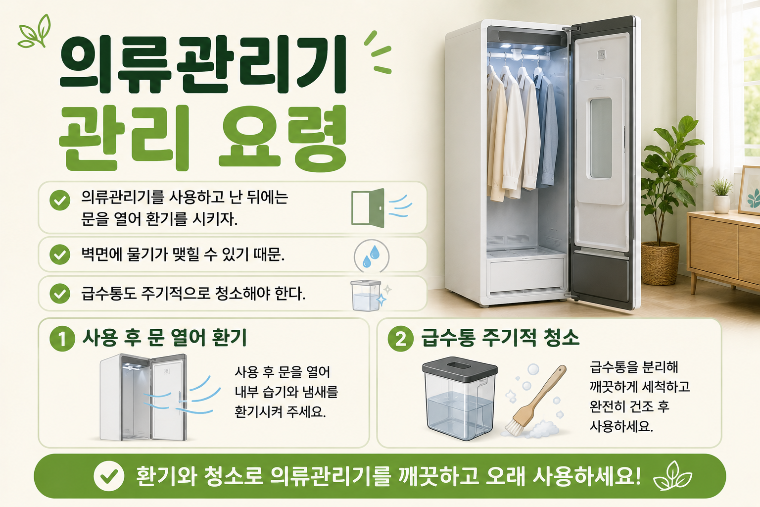 의류관리기 사용 후 문 꼭 열어야 하는 이유, 급수통 청소까지 관리 요령