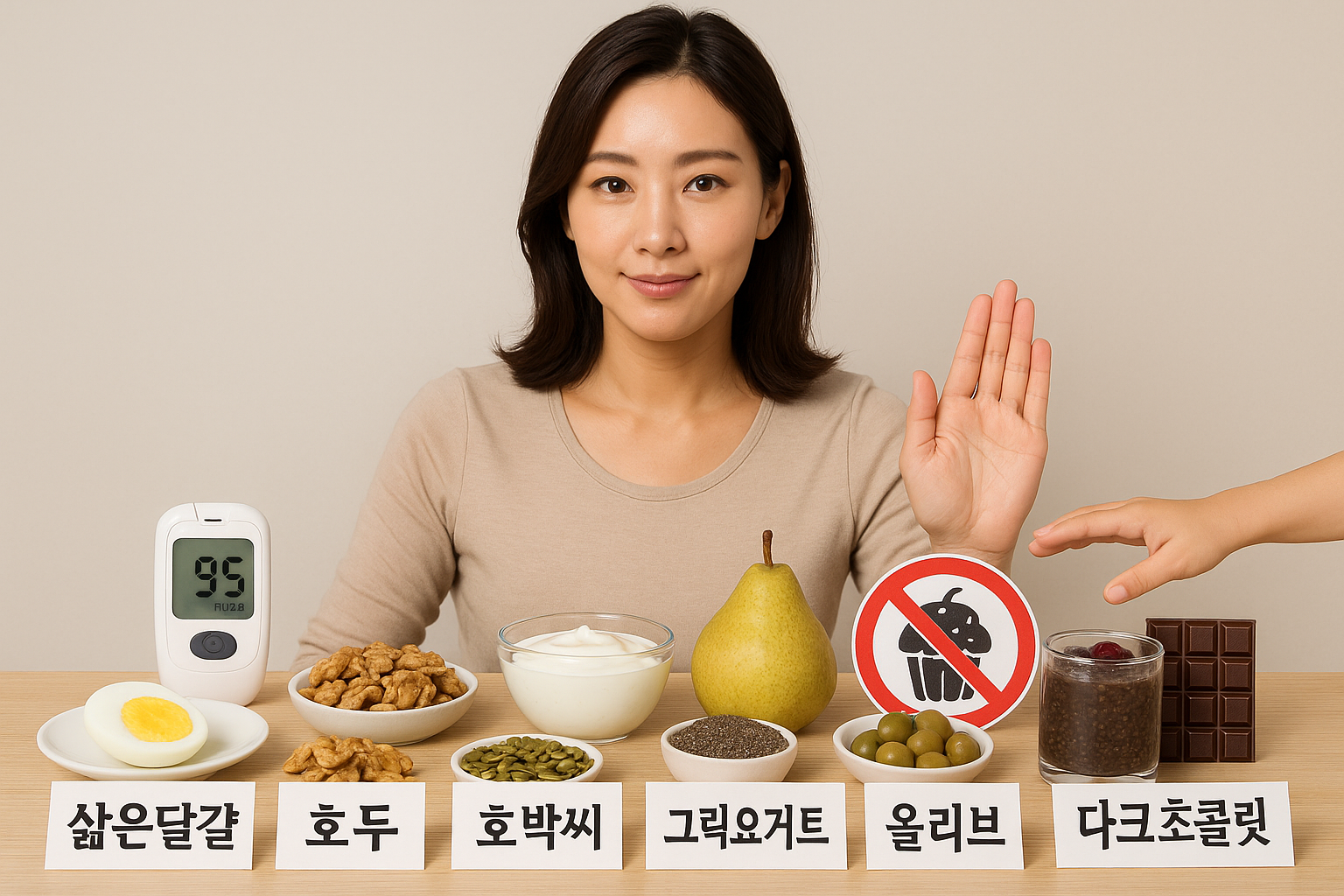 당뇨 있다고 굶지 마! 혈당 안정·근육·뇌 건강 돕는 간식 8가지—삶은 달걀·호두·다크초콜릿·호박씨·그릭요거트·과일·치아푸딩·올리브