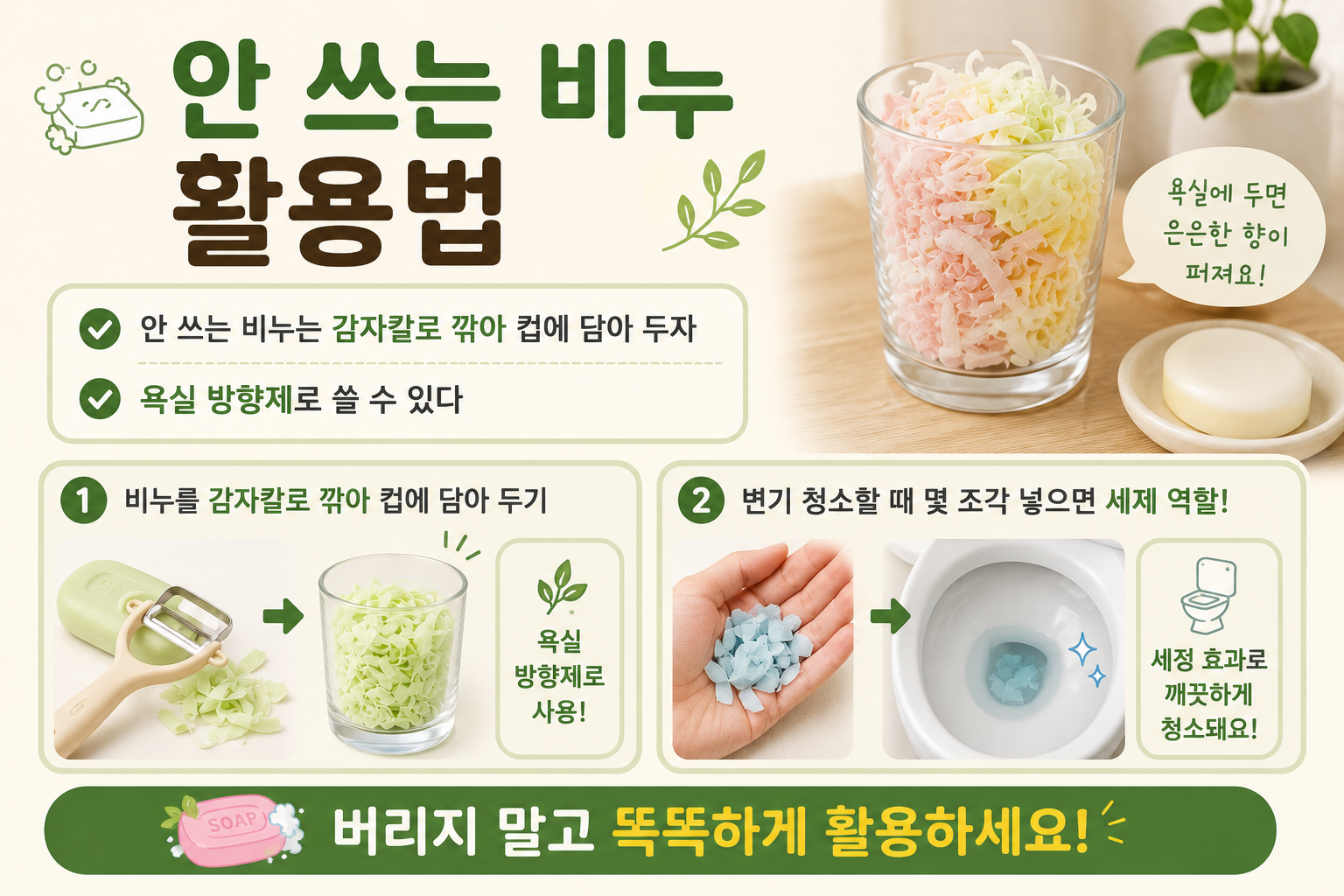 안 쓰는 비누 버리지 마세요, 감자칼로 깎으면 욕실 방향제·변기 청소 끝