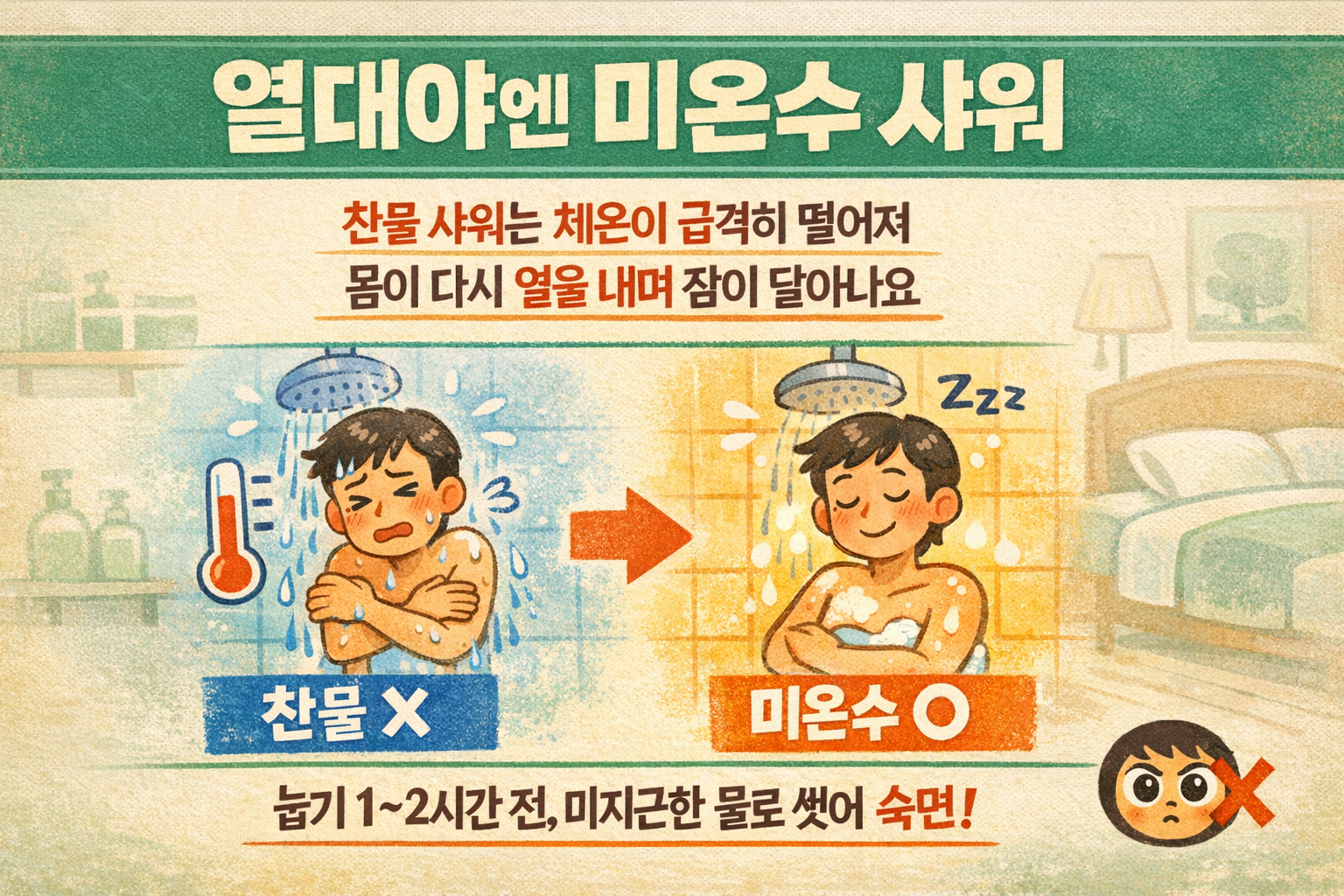 열대야 불면 해결: 찬물 대신 미온수 샤워(잠들기 1~2시간 전)
