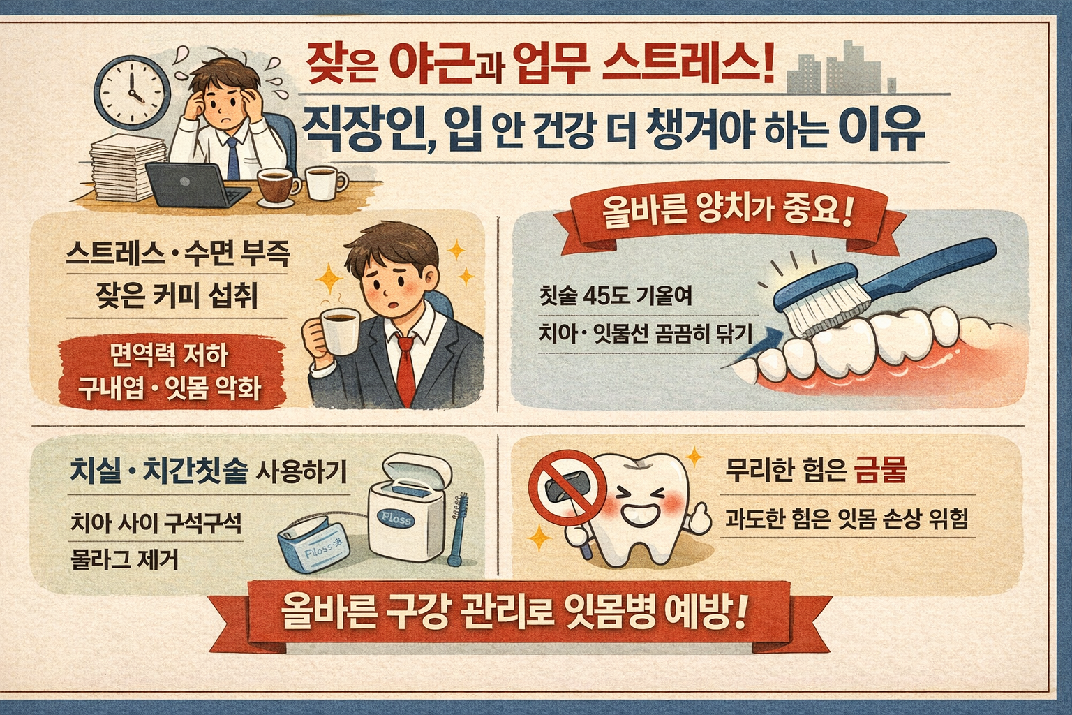 야근·스트레스 많은 직장인, 잇몸병 위험 커진다…입 안 건강 지키는 양치법