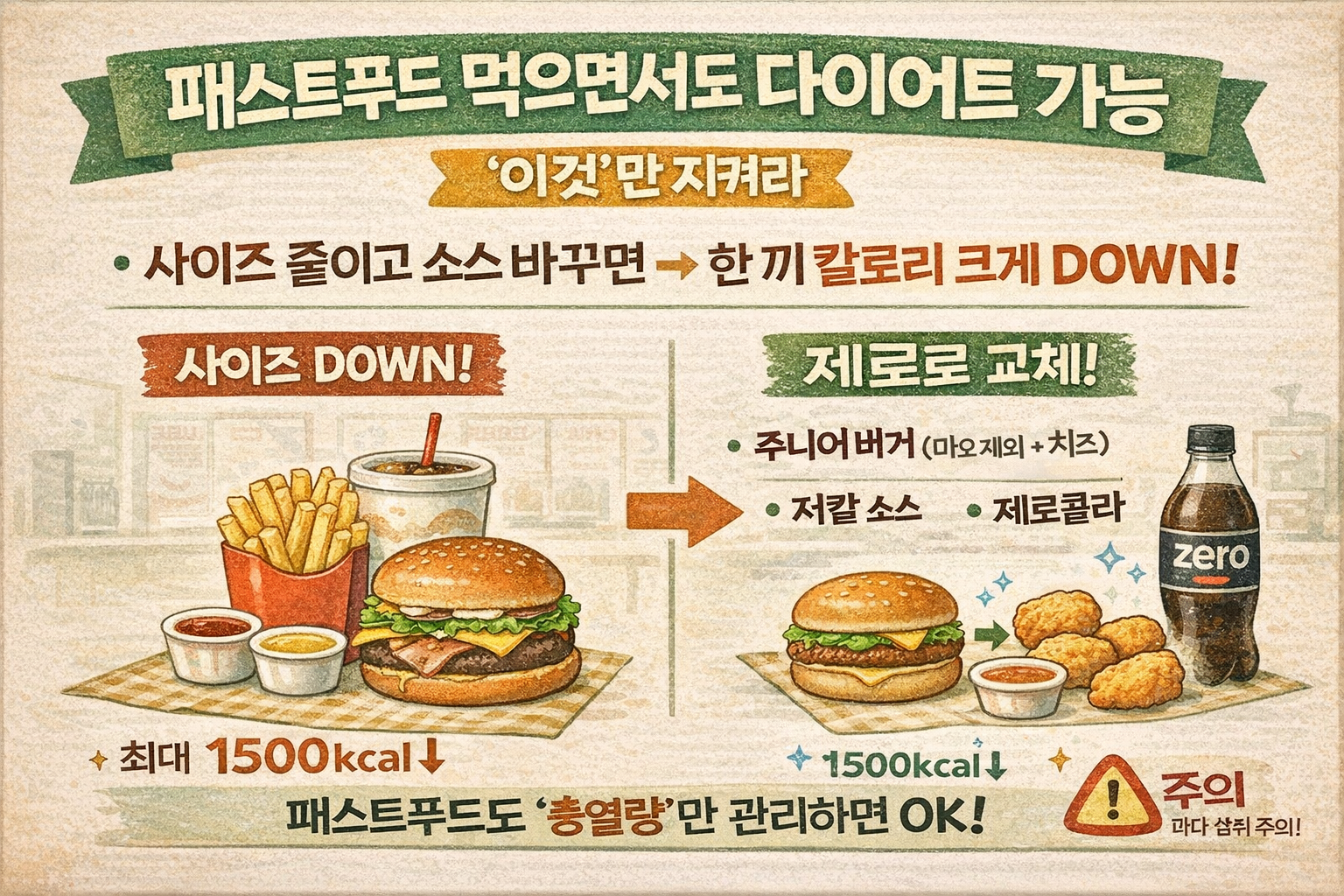 패스트푸드 먹어도 다이어트 가능: 주니어 사이즈·감튀 교체·제로음료 ‘3가지 규칙’